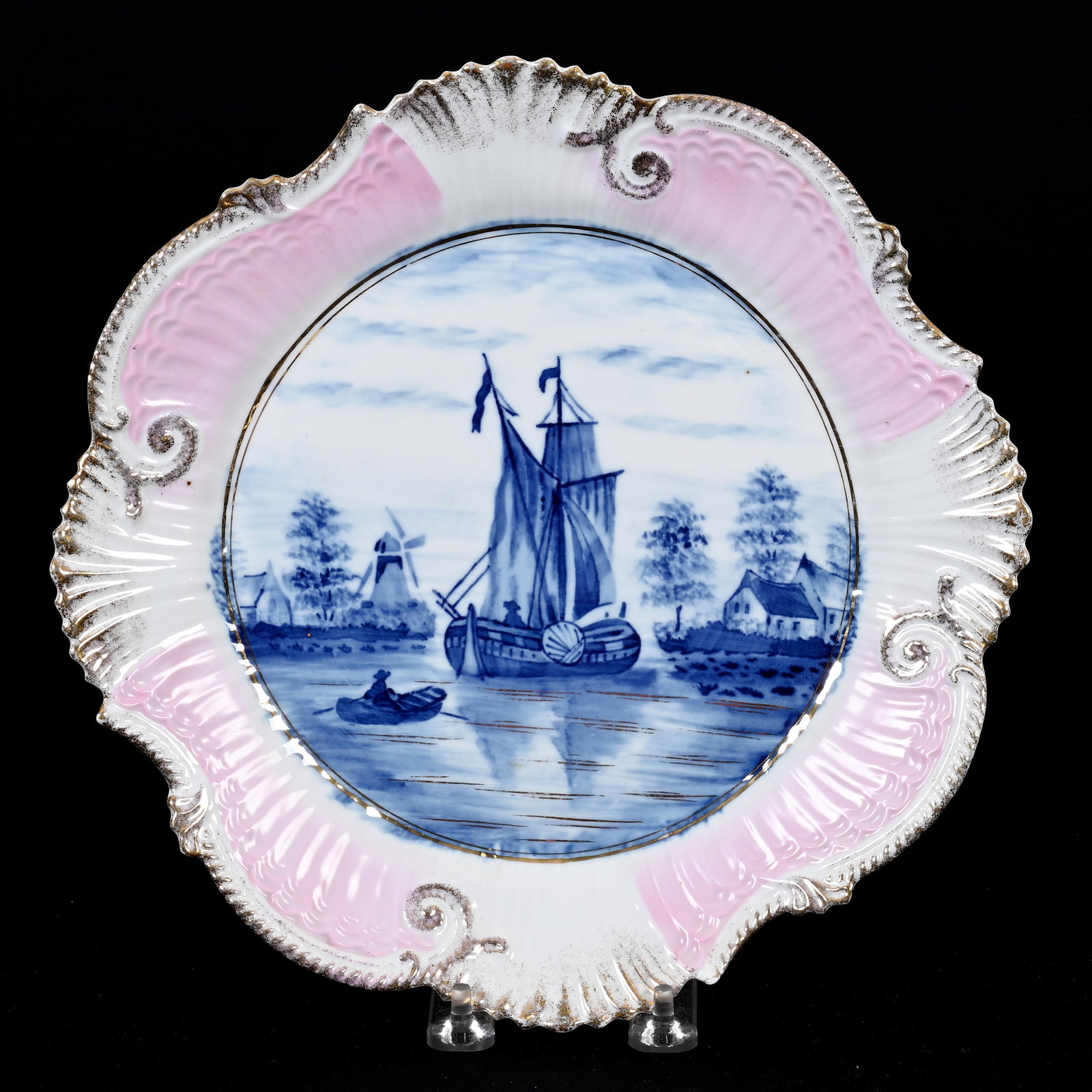 Plate, Unmarked R.S. Prussia: Plate, Unmarked R.S. Prussia, 10.75", Blue And White Dutch Harbor Scenic Decor, Pink And White Border, Gold Trim Highlights, Lee & Carol Marple Collection.