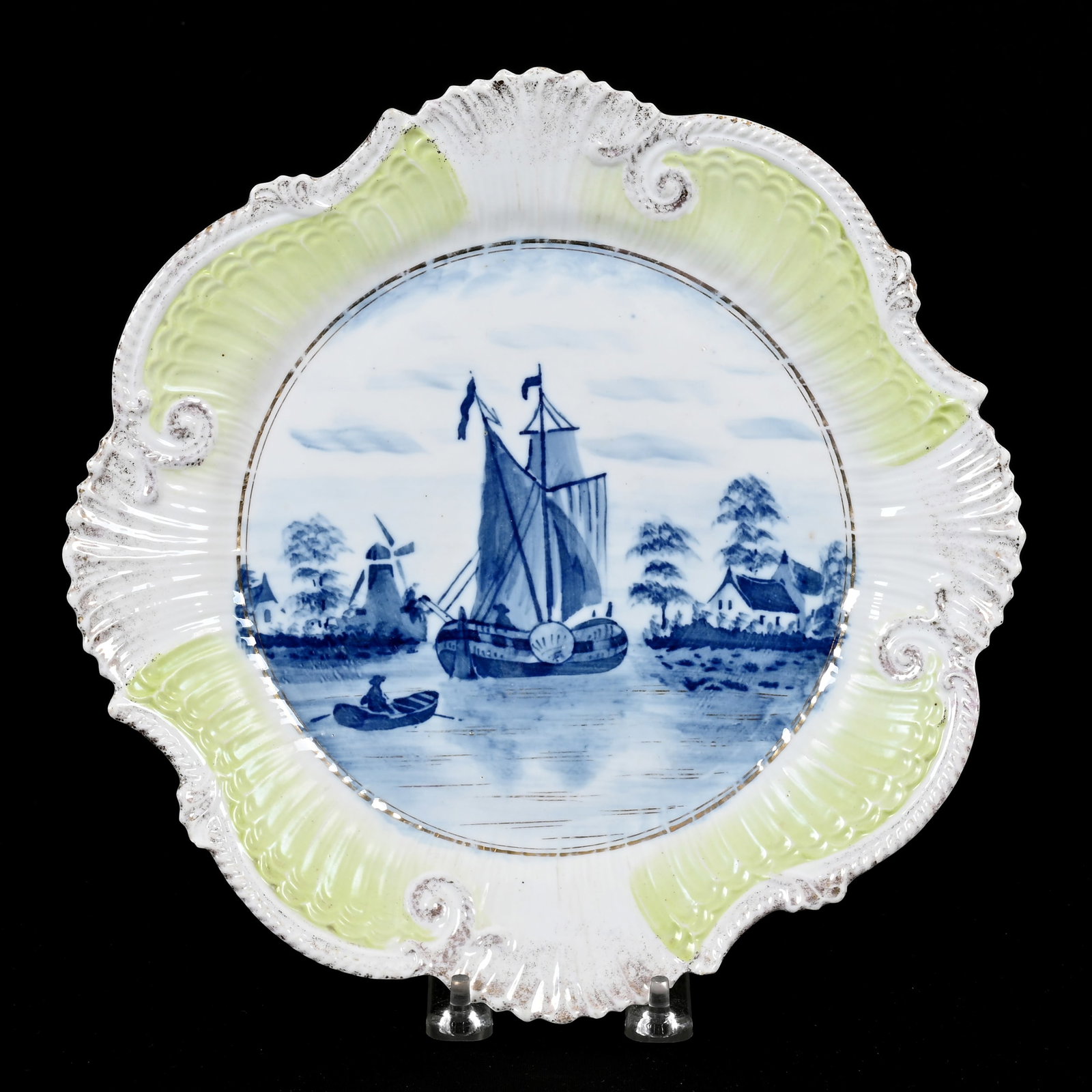 Plate, Unmarked R.S. Prussia: Plate, Unmarked R.S. Prussia, 10.75", Blue And White Dutch Harbor Scenic Decor, Green And White Border, Lee & Carol Marple Collection.