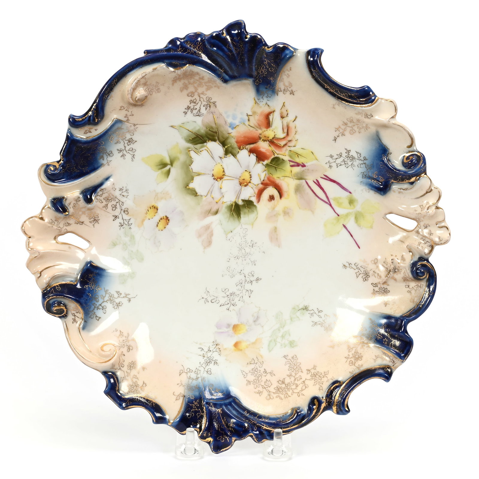 Cake Plate, Unmarked R.S. Prussia: Cake Plate, Unmarked R.S. Prussia, 11", White, Peach And Cobalt Blue, Wild Floral Decor, Gold Stencil Highlights, Lee & Carol Marple Collection.