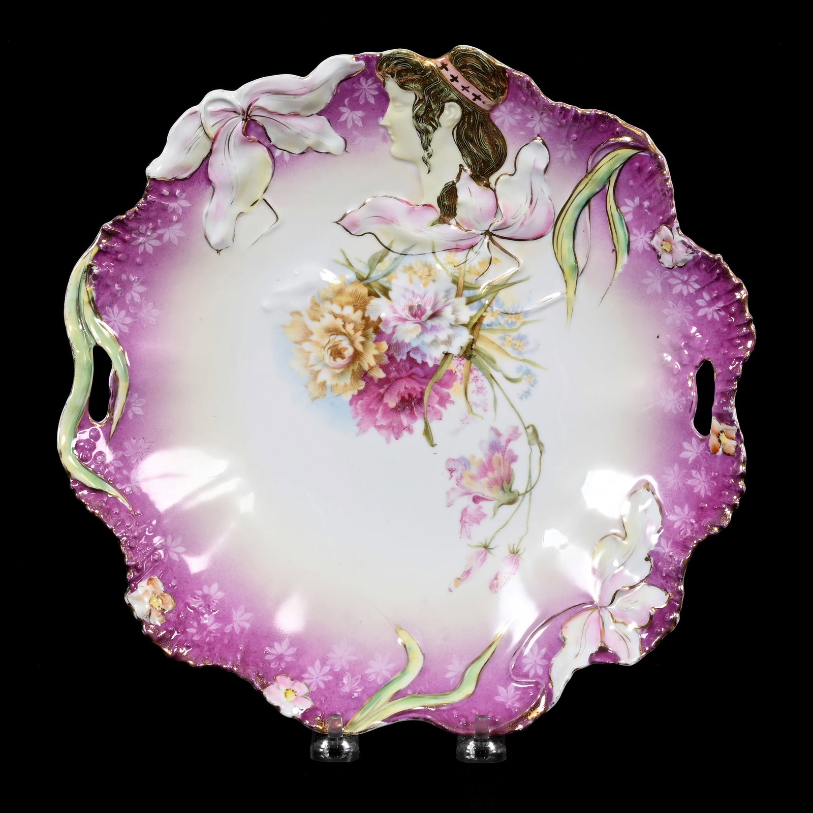 Cake Plate, Unmarked R.S. Prussia: Cake Plate, Unmarked R.S. Prussia, 10.75", Hidden Image Mold, White, Cream And Pink Tones, Floral Decor, Gold Hair, Lee & Carol Marple Collection.