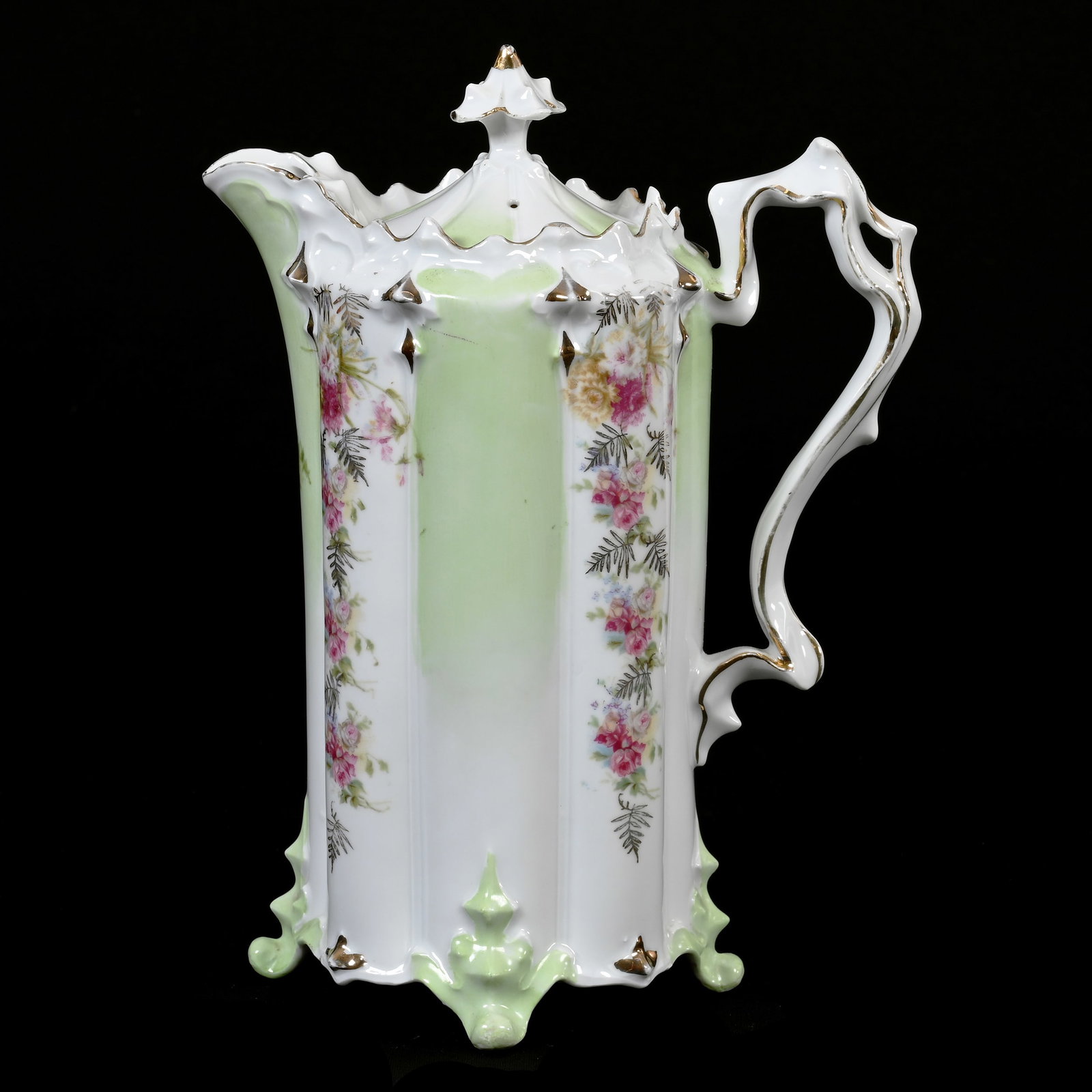 Chocolate Pot, Unmarked R.S. Prussia: Chocolate Pot, Unmarked R.S. Prussia, 9.25" x 7", White And Green With Rose Decor, Gold Fern Highlights, Lee & Carol Marple Collection.