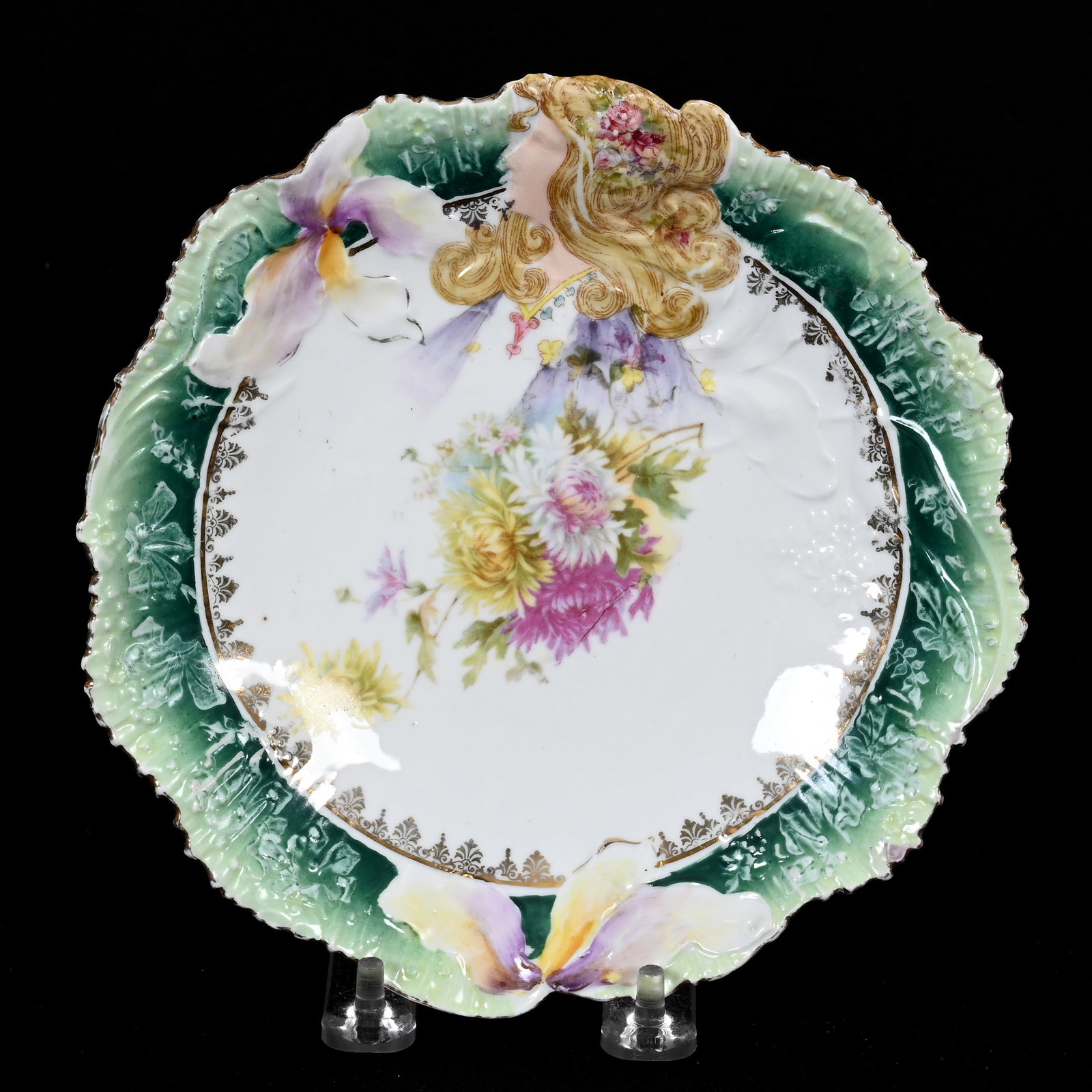 Plate, Unmarked R.S. Prussia: Plate, Unmarked R.S. Prussia, 7.5", Hidden Image Mold, White And Green, Floral Decor, Colored Hair, Lee & Carol Marple Collection.
