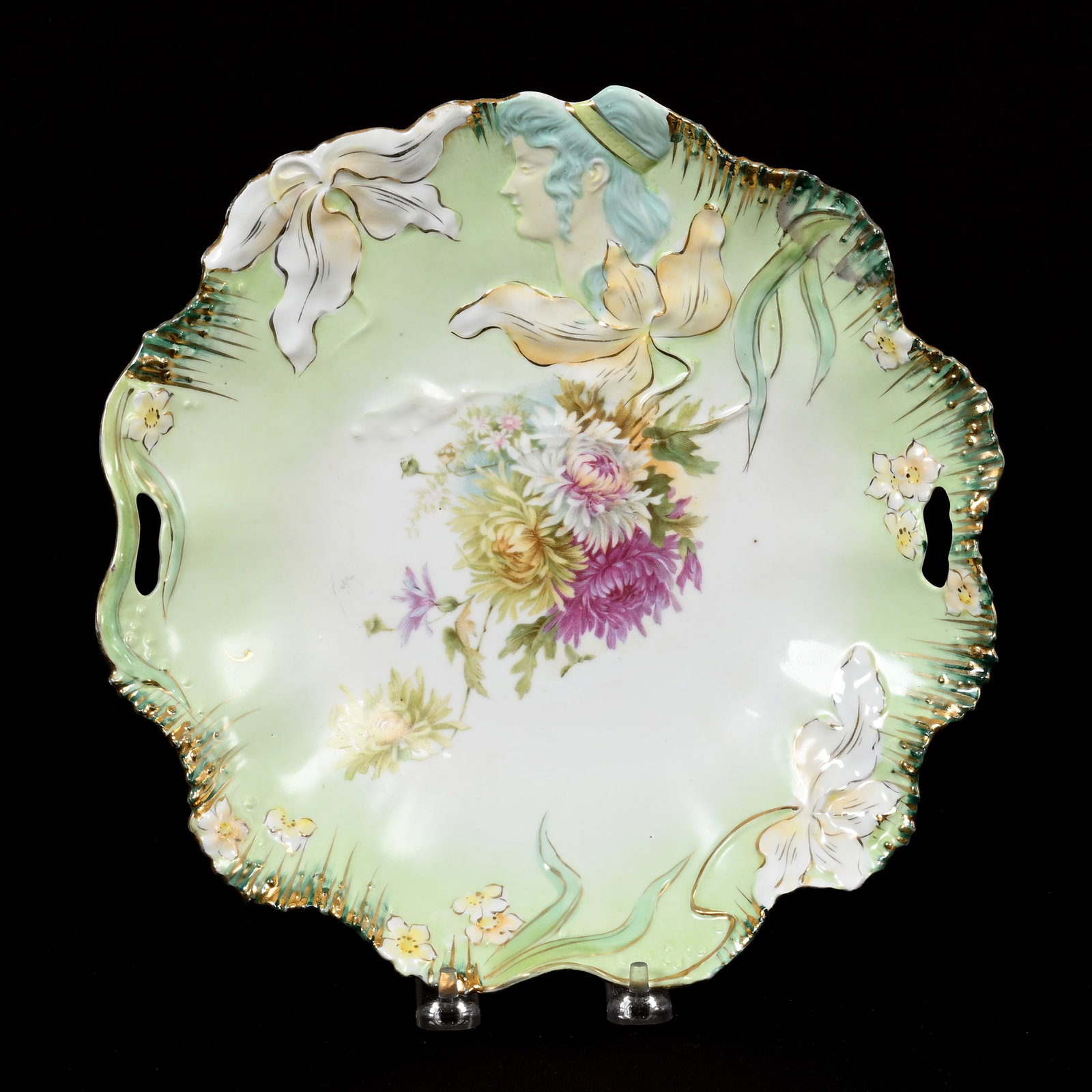Cake Plate, Unmarked R.S. Prussia: Cake Plate, Unmarked R.S. Prussia, 11.75", Hidden Image Mold, White And Green, Floral Decor, Surface Discoloration On Rim, No Damage, Lee & Carol Marple Collection.