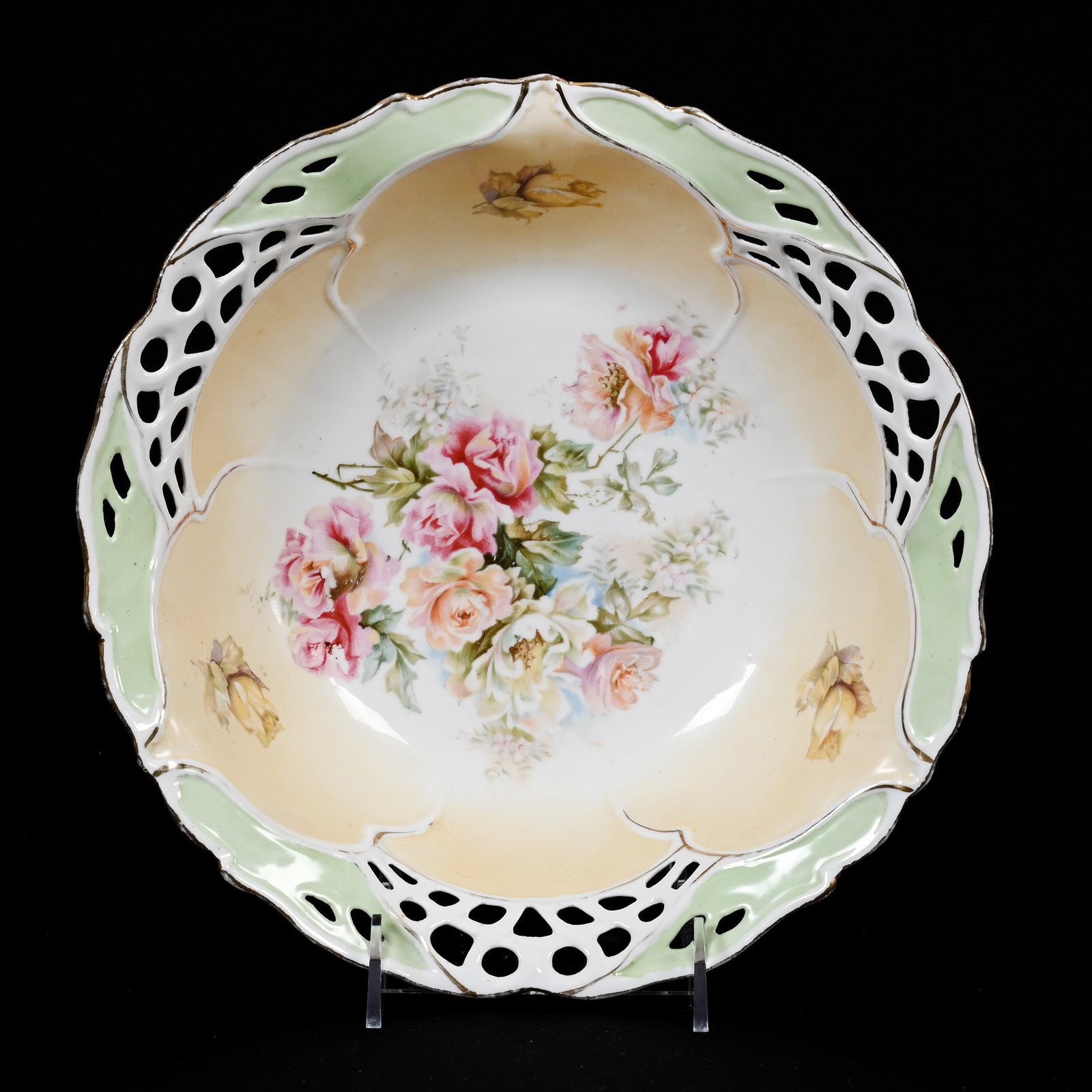 Bowl, Unmarked R.S. Prussia: Bowl, Unmarked R.S. Prussia, 10.25", Cream, Green And White Tones, Rose Decor, Pierced Border, Lee & Carol Marple Collection.