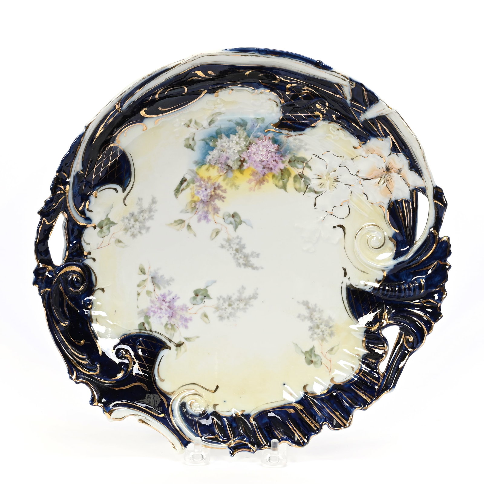 Cake Plate, Unmarked R.S. Prussia: Cake Plate, Unmarked R.S. Prussia, 12", White, Yellow And Cobalt Blue, Floral Decor, Nice Gold Trim Highlights, Lee & Carol Marple Collection.