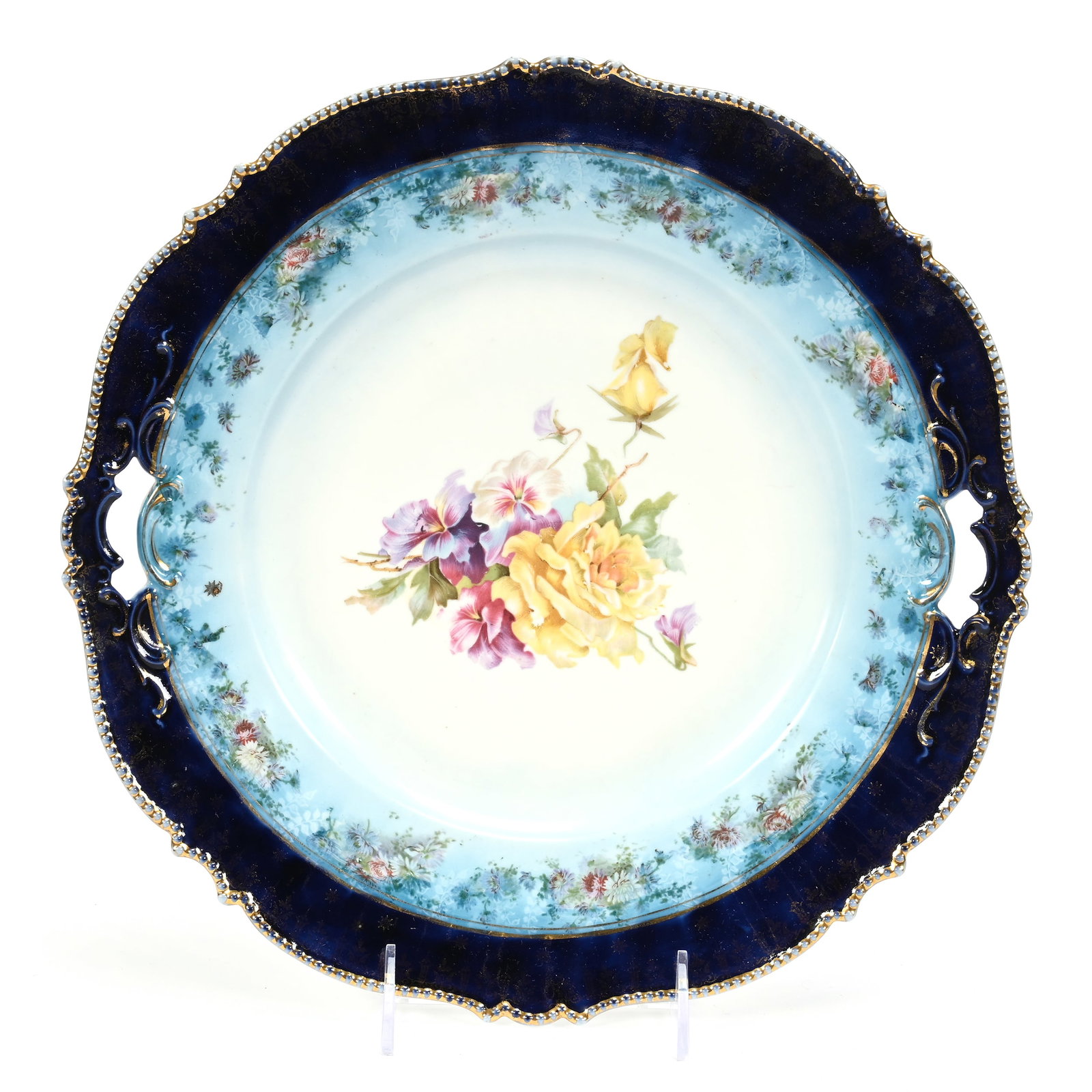 Cake Plate, Unmarked R.S. Prussia: Cake Plate, Unmarked R.S. Prussia, 12", Mold #343, White, Blue And Cobalt Blue, Floral Decor, Some Gold Stencil Wear, Lee & Carol Marple Collection.