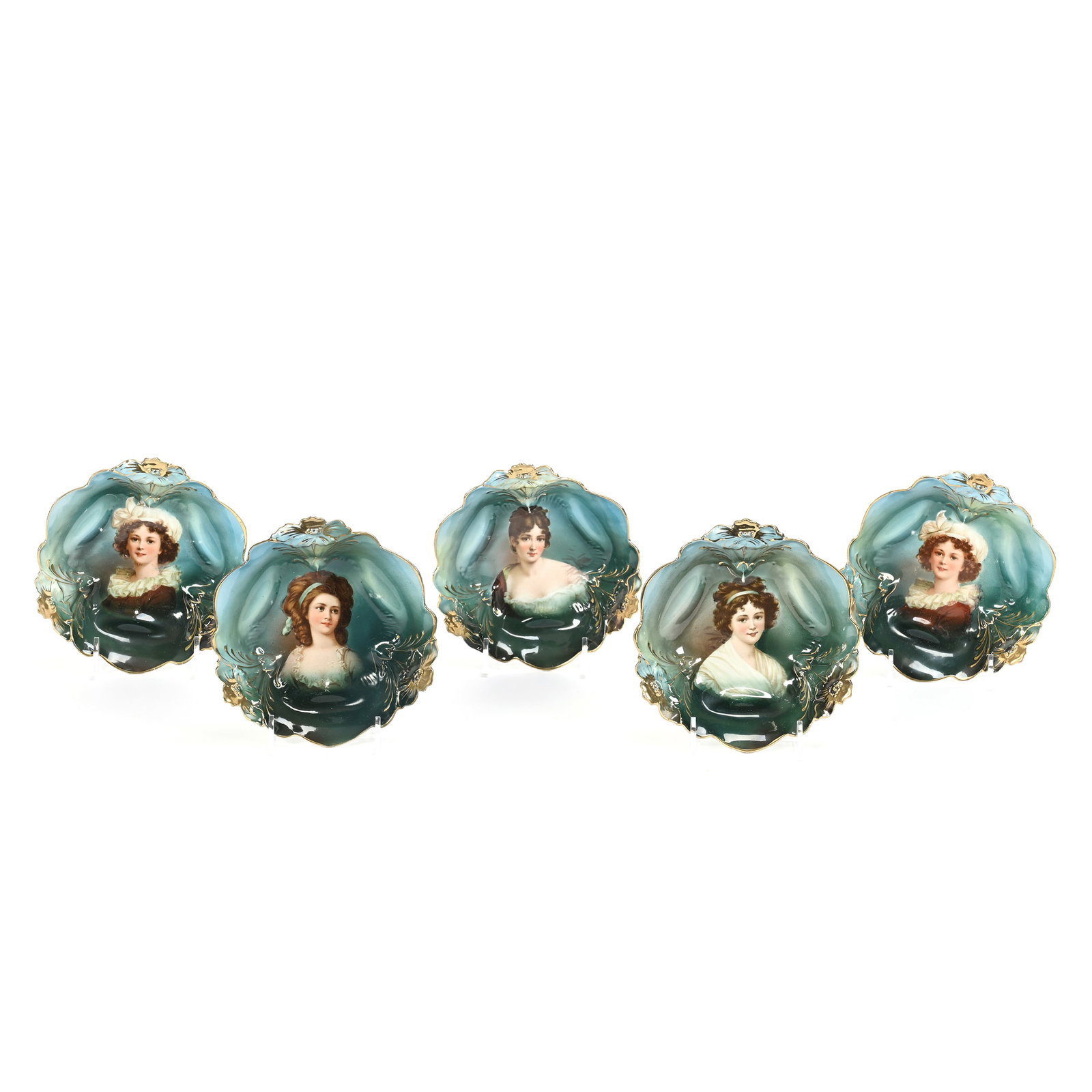 (5) Berry Bowls Marked Royal Vienna: (5) Berry Bowls Marked Royal Vienna, 5.5", Blue/Green Background With Portraits Of Potacka, Recamier, Lebrun With Ribbon, Two Have Portrait Of Lebrun With Hat, Minimal Wear, Lee & Carol Marple Collect