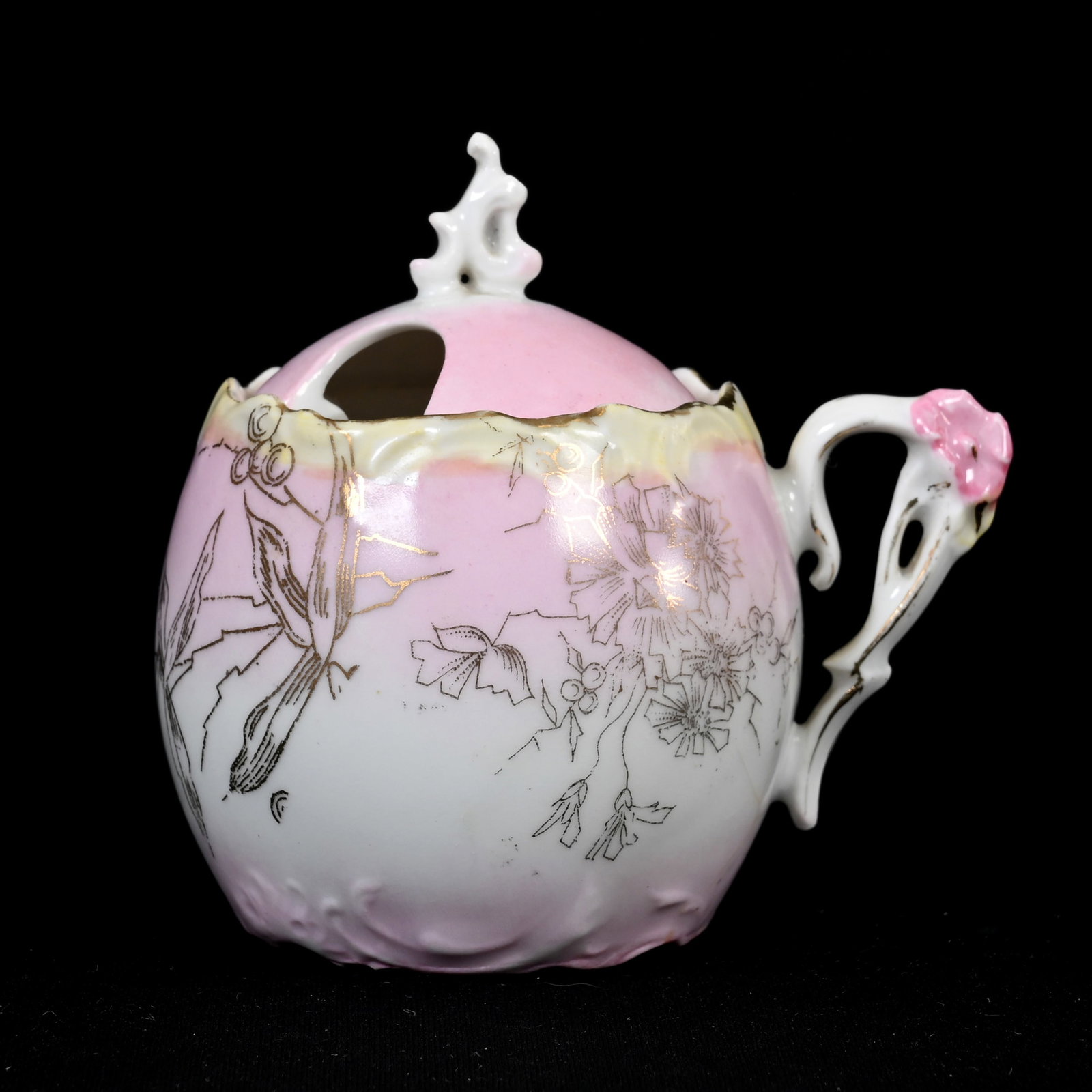 Mustard Jar, Unmarked R.S. Prussia: Mustard Jar, Unmarked R.S. Prussia, 3.5" x 3.75", Pink And White, Gold Stencil Decor, Yellow Trim, Crow's Foot In Body Near Handle, Lee & Carol Marple Collection.