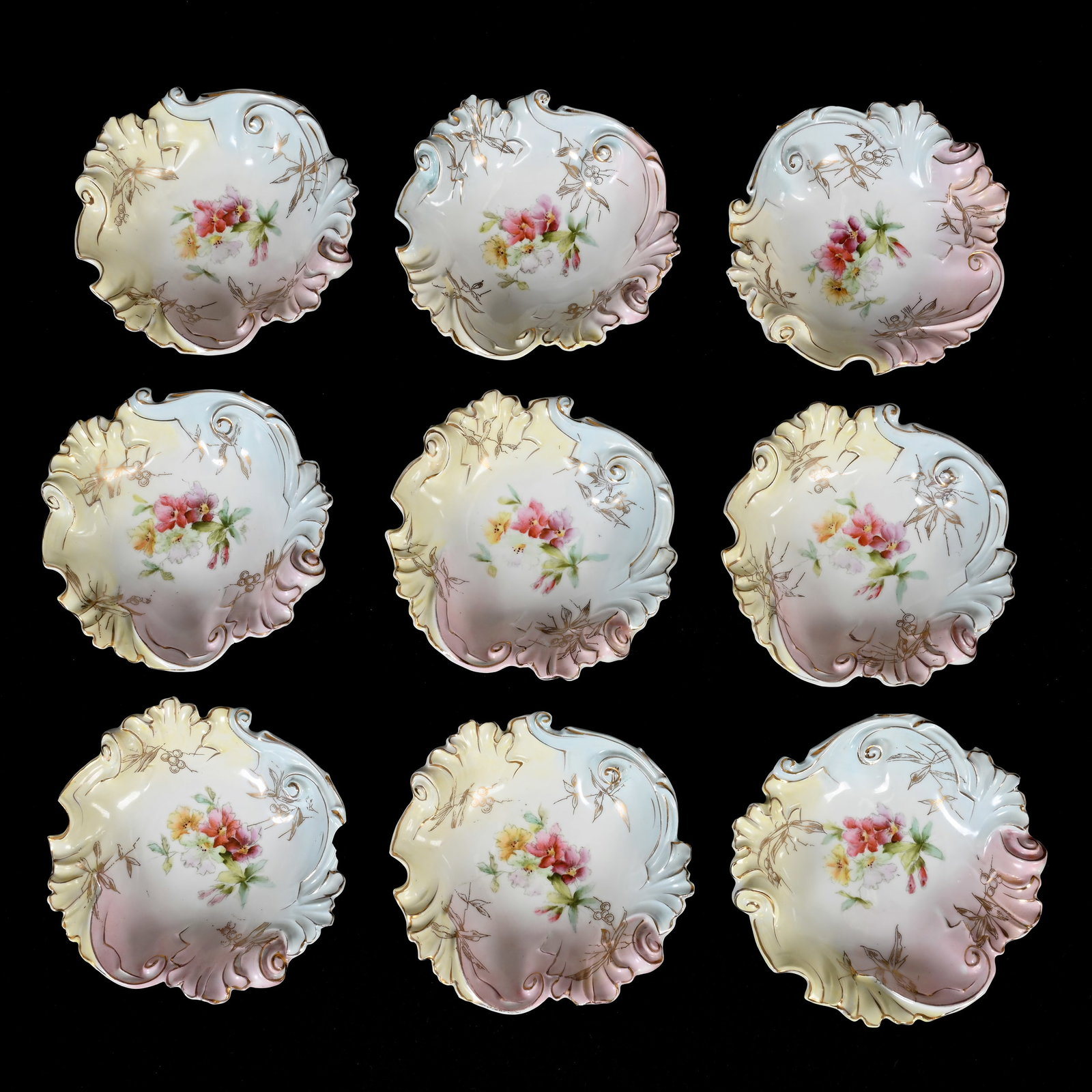 (9) Berry Bowls, Unmarked R.S. Prussia: (9) Berry Bowls, Unmarked R.S. Prussia, 5.5", White, Pink, Blue And Yellow Tones, Floral Decor, Lee & Carol Marple Collection.