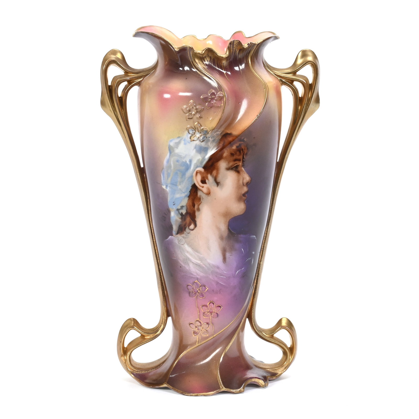 Vase Marked Royal Vienna, Two Handles: Vase Marked Royal Vienna, Two Handles, 10.5" x 6.5", Brown, Lavender, Yellow And Pink Tones, Portrait Of Peasant Girl, Gold Trim Highlights, Rim Chip, Lee & Carol Marple Collection.