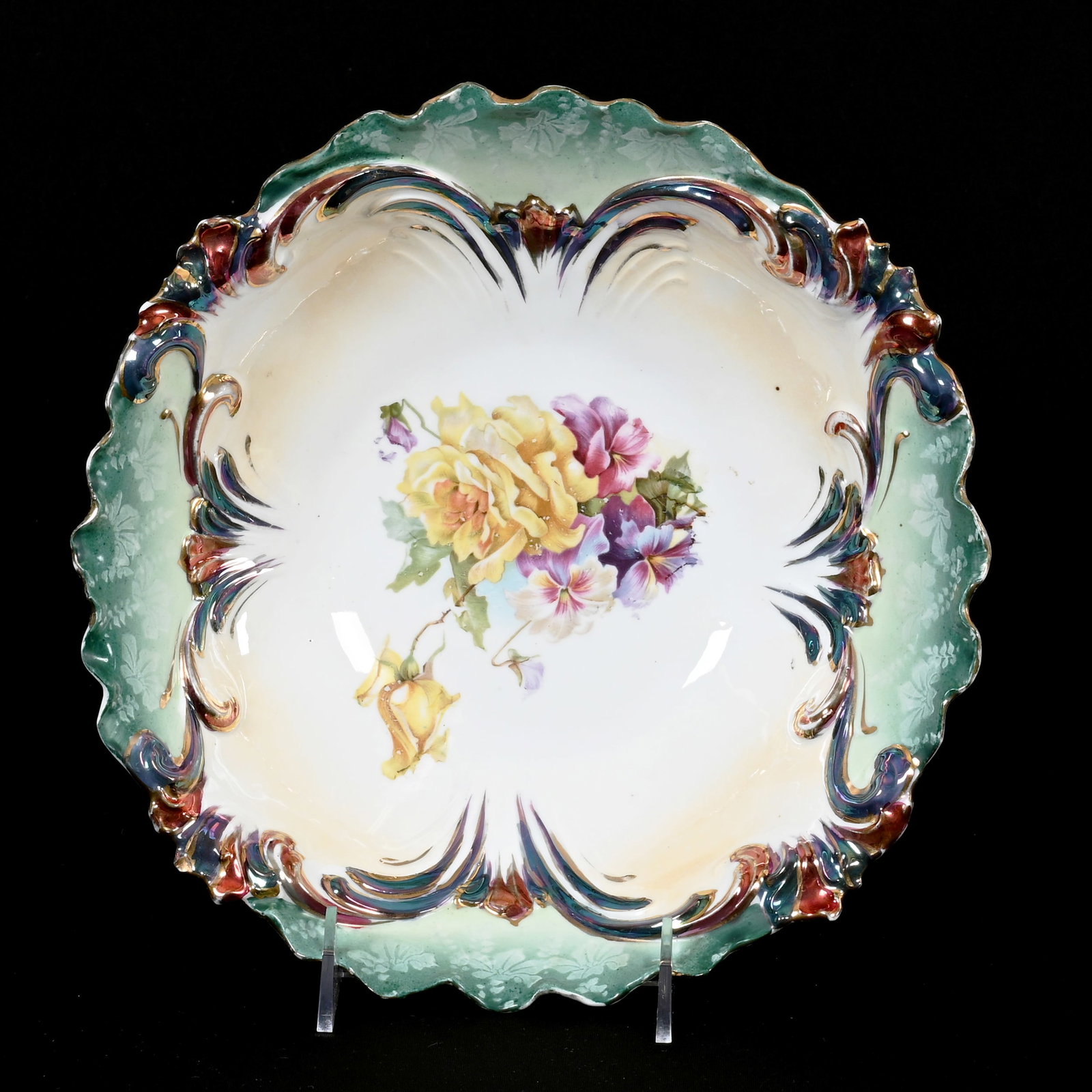 Bowl Marked Saxe Altenburg: Bowl Marked Saxe Altenburg, 10.25", White, Cream And Green Tones, Iridescent Tiffany And Bronze Highlights, Floral Decor, Rim Chip, Lee & Carol Marple Collection.