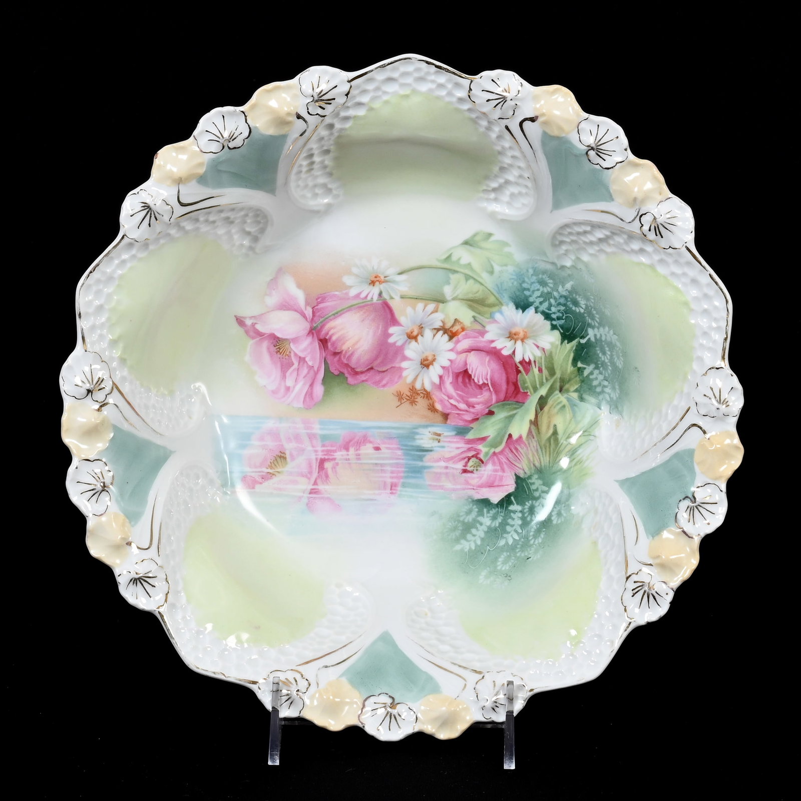 Bowl, Unmarked R.S. Prussia: Bowl, Unmarked R.S. Prussia, 10.75", Two-Tone Green, Cream And White Highlights, Reflecting Floral Decor, Lee & Carol Marple Collection.