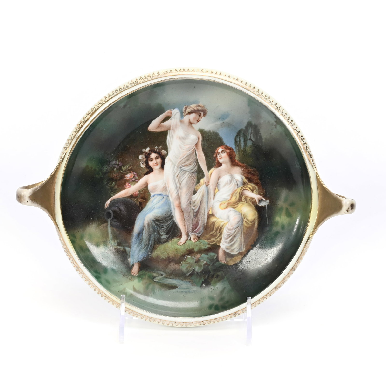 Bowl Marked R.S. Suhl: Bowl Marked R.S. Suhl, 2.25" x 9.75" x 8", Two Handles, Maiden Scenic Decor, Light Gold Wear, Lee & Carol Marple Collection.