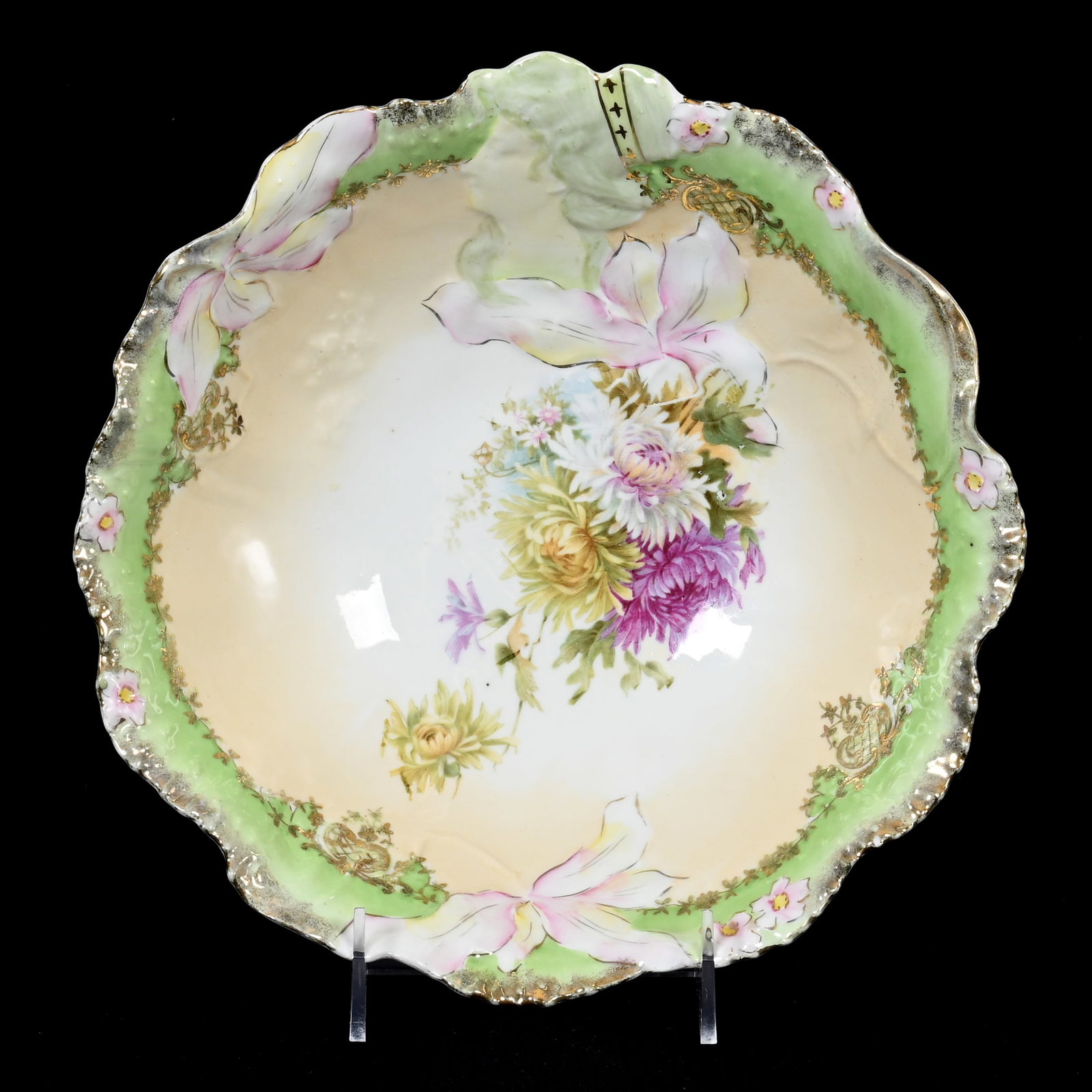 Bowl, Unmarked R.S. Prussia: Bowl, Unmarked R.S. Prussia, 10", Hidden Image Mold, Cream And White, Green Border, Floral Decor, Gold Trim Highlights, Rim Chip, Lee & Carol Marple Collection.