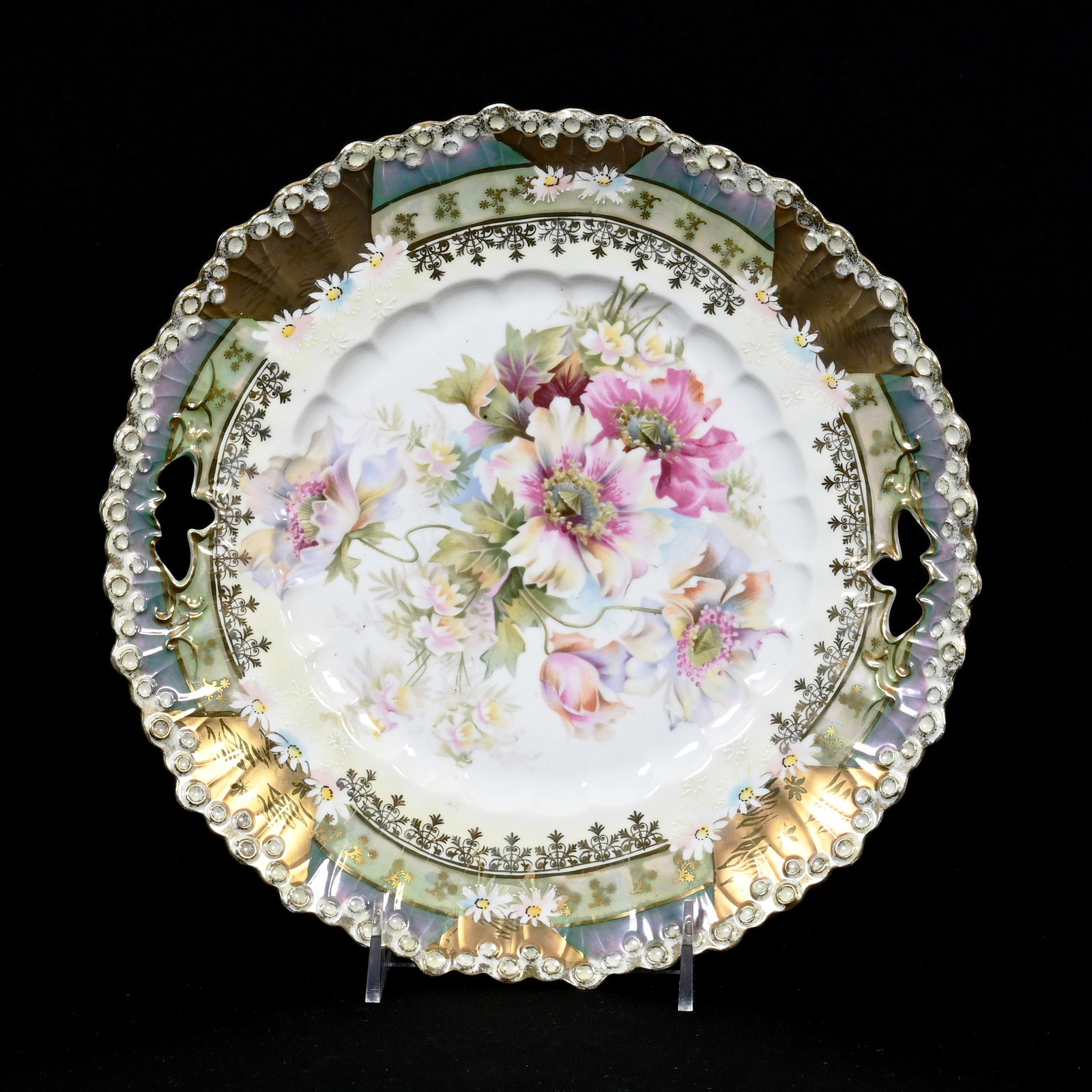 Cake Plate, Unmarked R.S. Prussia: Cake Plate, Unmarked R.S. Prussia, 10.5", Lollipop Mold, White With Iridescent Green And Lavender Border, Wild Poppy Decor, Gold Trim Highlights, Lee & Carol Marple Collection.