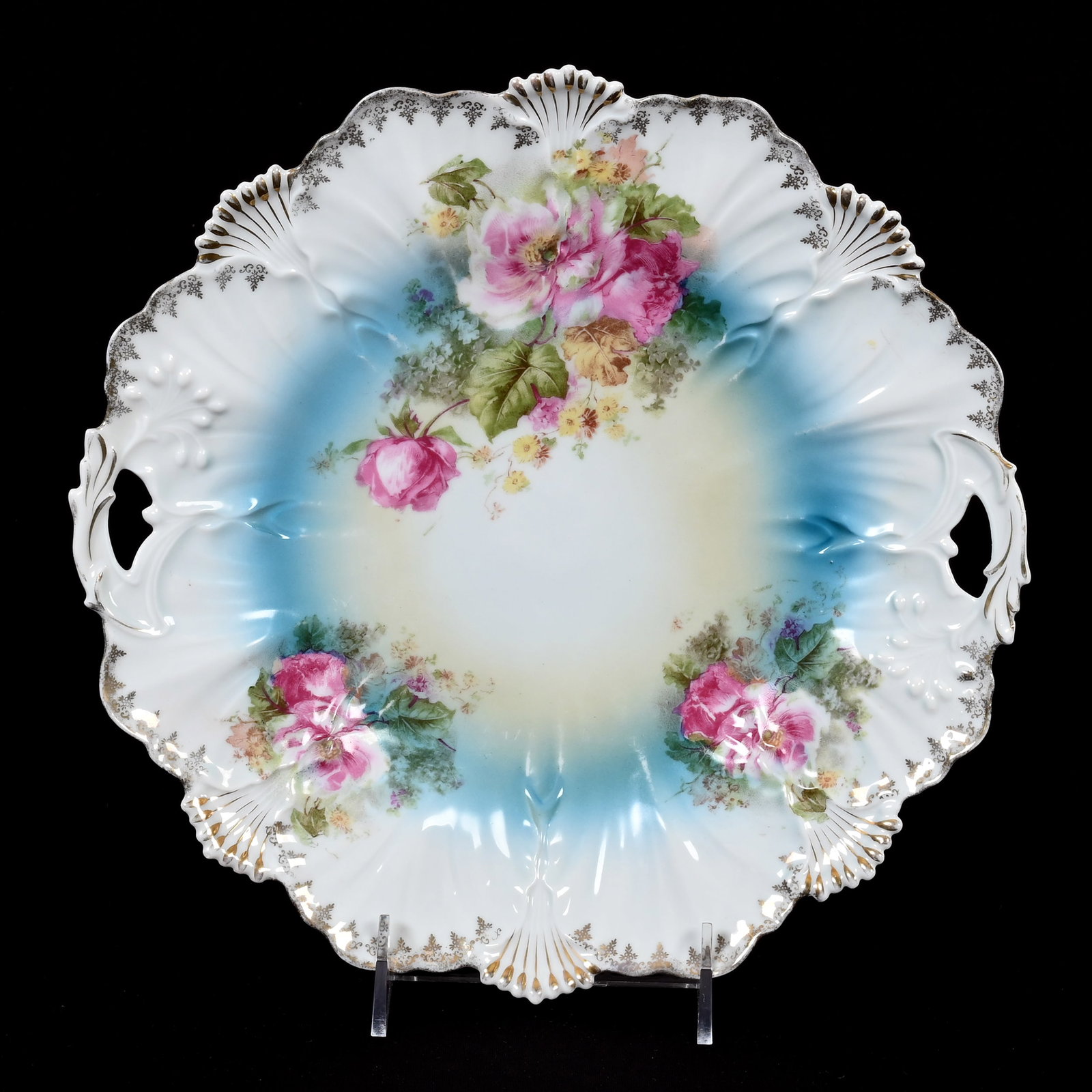 Cake Plate, Unmarked R.S. Prussia: Cake Plate, Unmarked R.S. Prussia, 11", White, Blue And Yellow Tones, Pink Rose Decor, Gold Stencil Highlights, Lee & Carol Marple Collection.