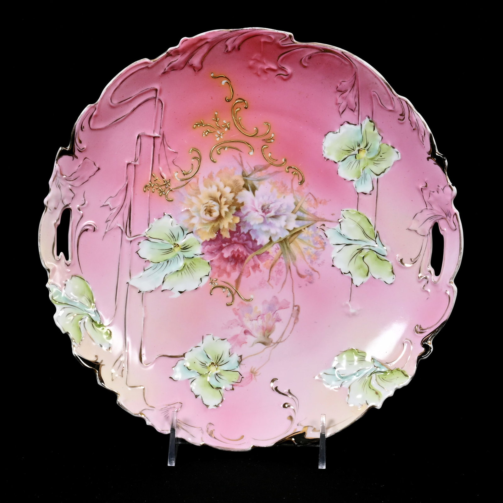 Cake Plate, Unmarked R.S. Prussia: Cake Plate, Unmarked R.S. Prussia, 10.5", Floral Mold, Pink Tones, Floral Decor, Black Border Highlights, Lee & Carol Marple Collection.