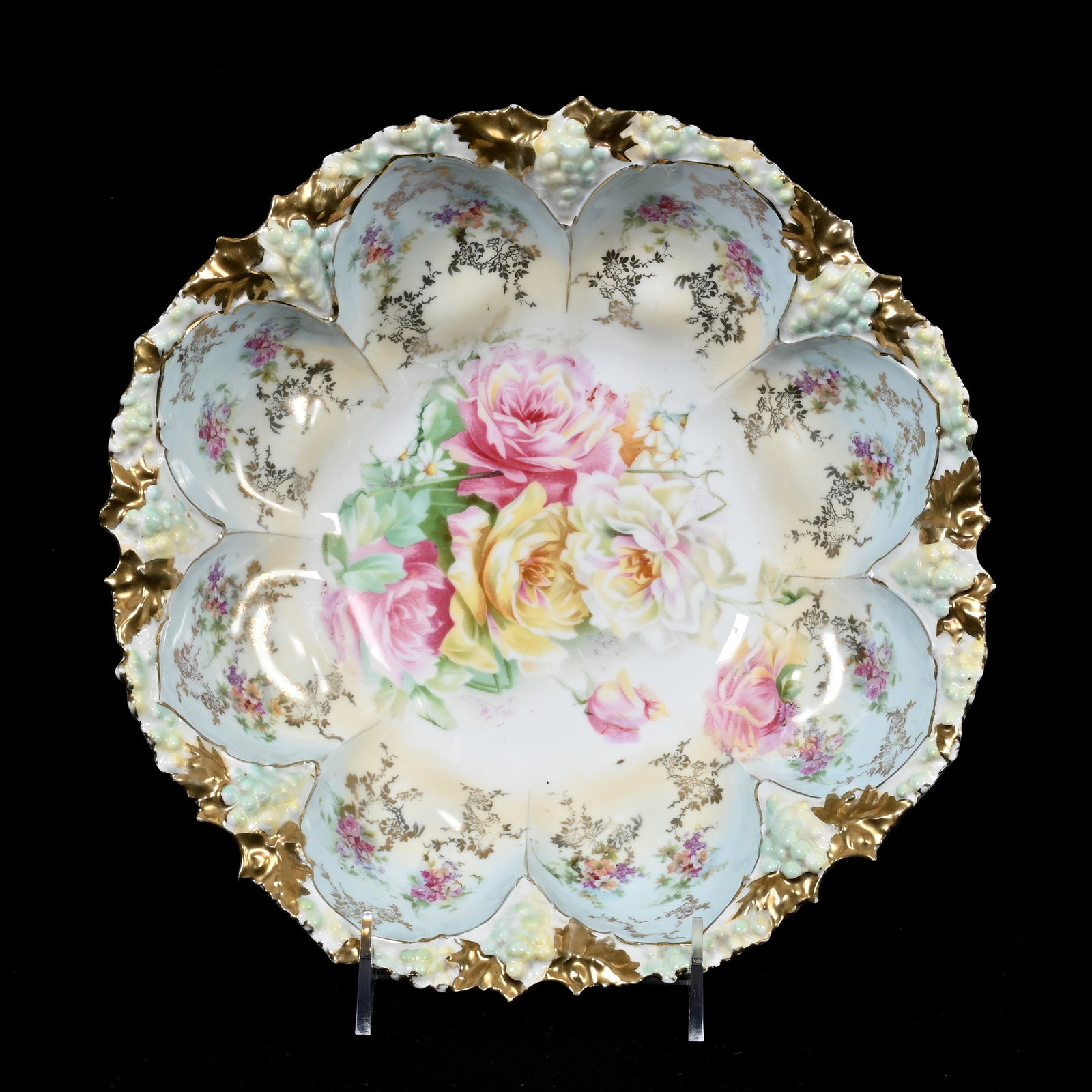Bowl Marked R.S. Prussia: Bowl Marked R.S. Prussia, 10.25", Grape Mold, Blue, Cream And White Tones, Rose Decor, Gold Trim Highlights, Lee & Carol Marple Collection.