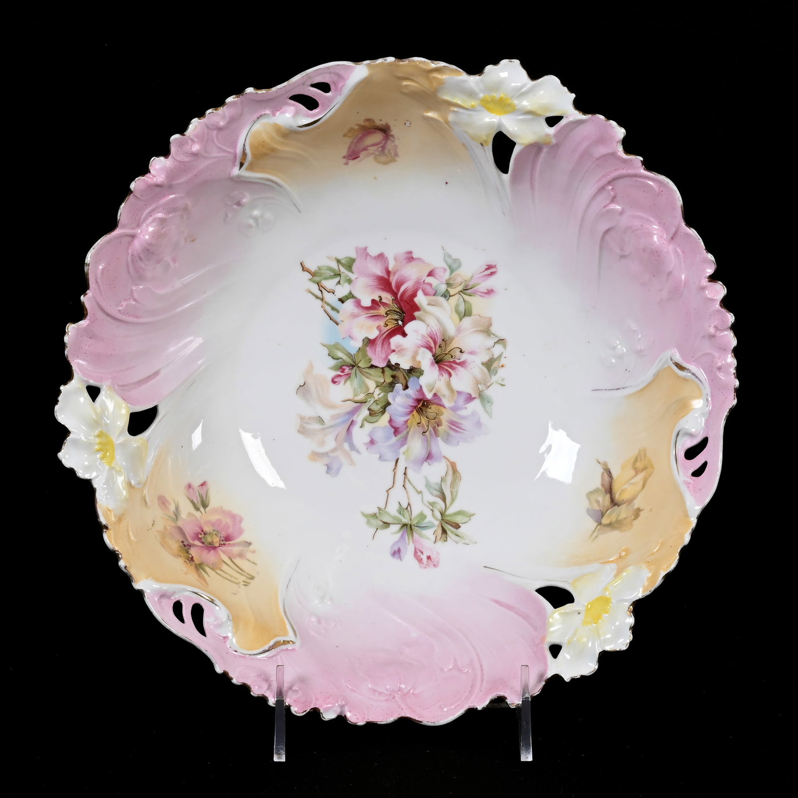 Bowl, Unmarked R.S. Prussia: Bowl, Unmarked R.S. Prussia, 10.5", Nice Floral Mold, Reticulated Edge, White, Cream And Pink Tones, Floral Decor, Lee & Carol Marple Collection.