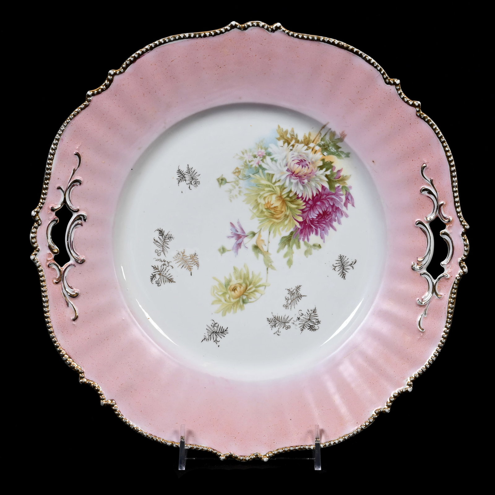 Cake Plate, Unmarked R.S. Prussia: Cake Plate, Unmarked R.S. Prussia, 12", Mold #343, Pink And White, Chrysanthemum Decor, Lee & Carol Marple Collection.