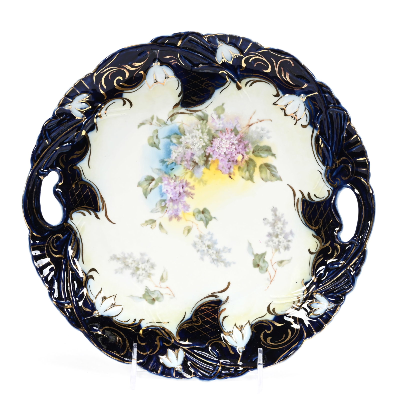 Cake Plate, Unmarked R.S. Prussia: Cake Plate, Unmarked R.S. Prussia, 10.25", White, Yellow And Cobalt Blue, Floral Decor, Nice Gold Trim Highlights, Lee & Carol Marple Collection.
