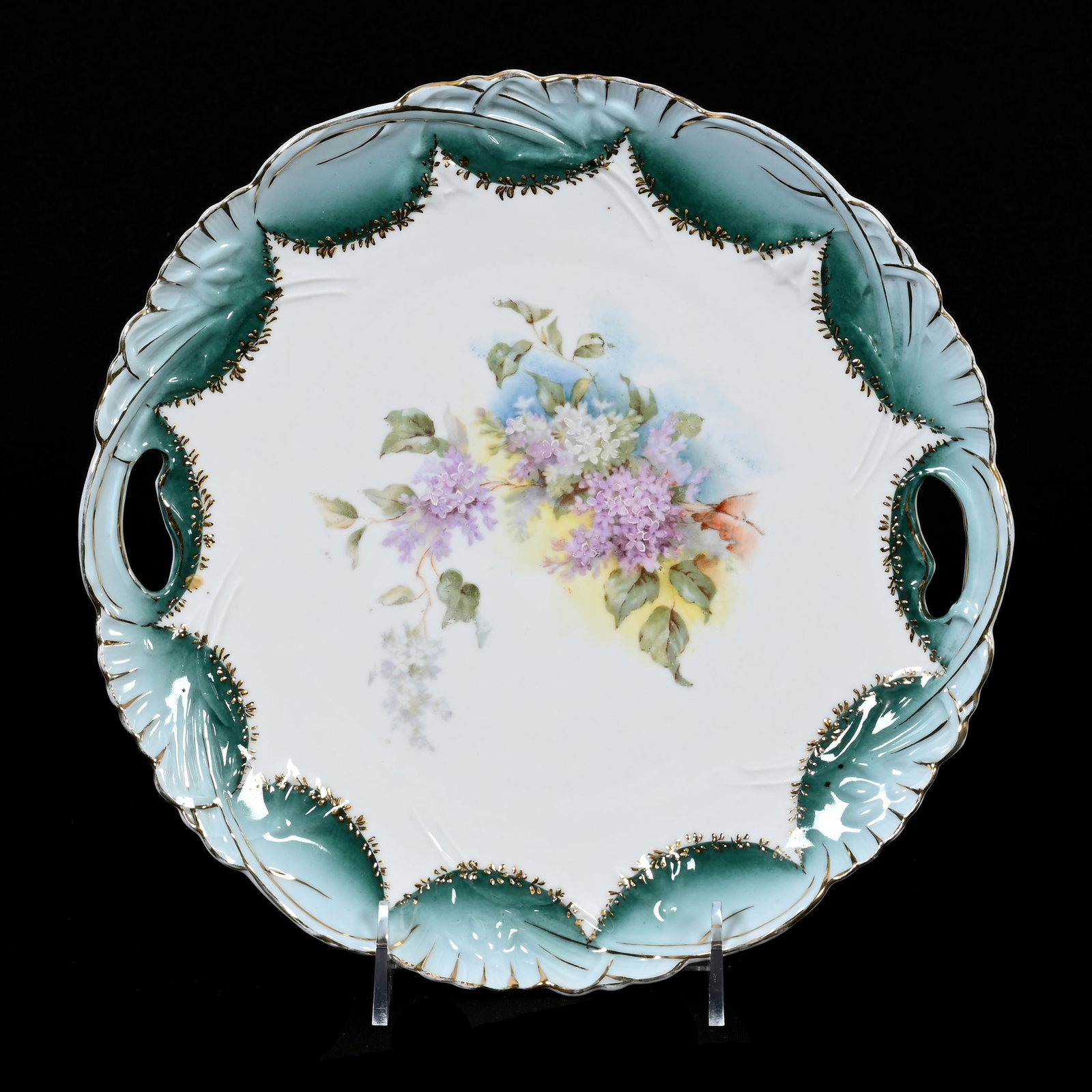 Cake Plate, Unmarked R.S. Prussia: Cake Plate, Unmarked R.S. Prussia, 10.25", White With Green Border, Violet Floral Decor, Gold Stencil Highlights, Lee & Carol Marple Collection.