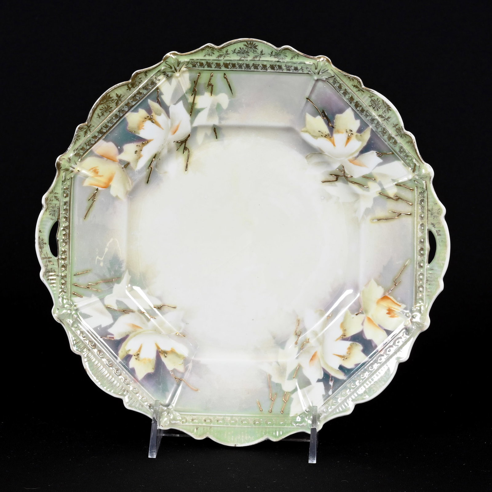 Cake Plate, Unmarked R.S. Prussia: Cake Plate, Unmarked R.S. Prussia, 9.75", Green And White Luster, Dogwood Decor, Lee & Carol Marple Collection.