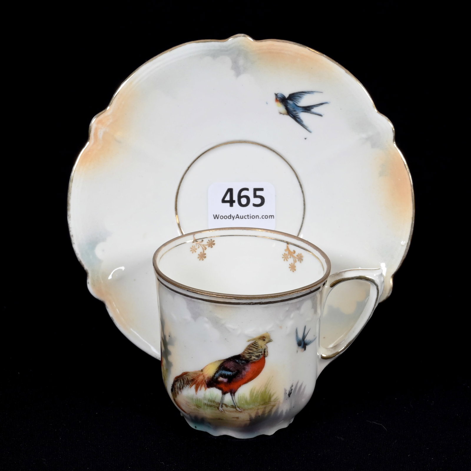 Cup & Saucer Marked R.S. Prussia: Cup & Saucer Marked R.S. Prussia, 2.25" x 4.5", Swag And Tassel Mold, Pheasant And Bluebird, Luster Finish, Lee & Carol Marple Collection.