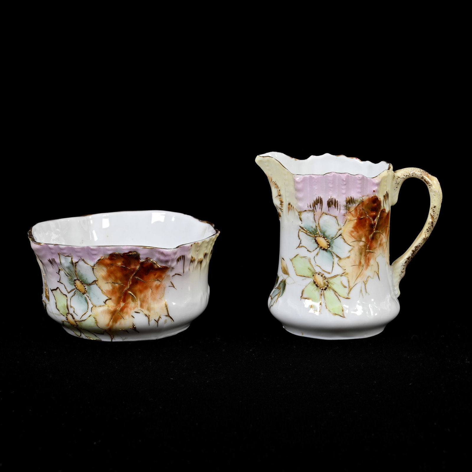 Creamer & Open Sugar, Early Unmarked Prussia: Creamer & Open Sugar, Early Unmarked Prussia, 3" x 3.25", Pink, Yellow And White Tones, Leaf And Floral Decor, Cute Set, Lee & Carol Marple Collection.