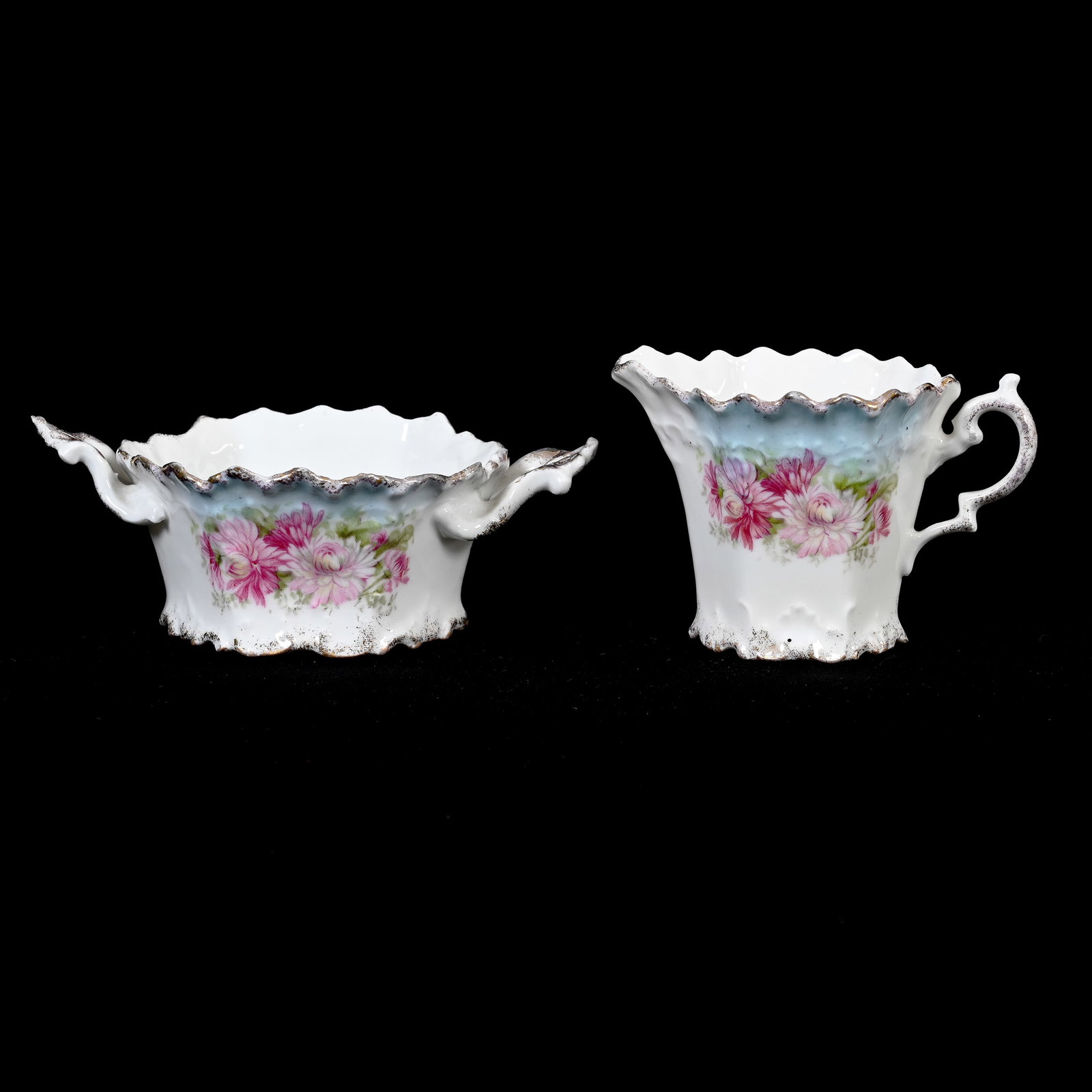 Creamer & Open Sugar, Unmarked R.S. Prussia: Creamer & Open Sugar, Unmarked R.S. Prussia, 2.5" x 4.75", Six-Sided, Blue And White Tones, Pink Floral Decor, Lee & Carol Marple Collection.