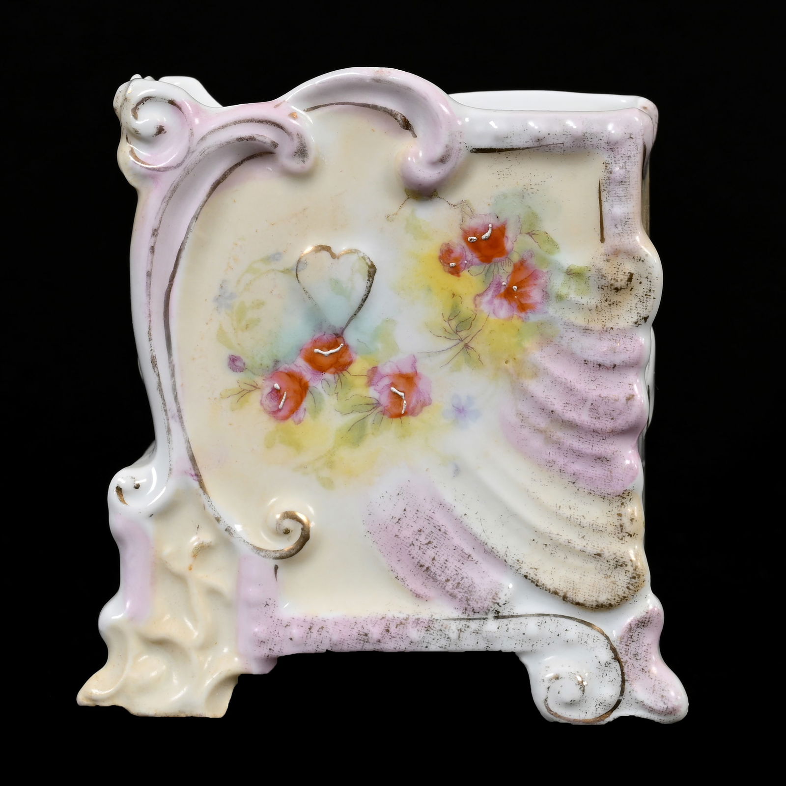Vertical Card Holder, Unmarked R.S. Prussia: Vertical Card Holder, Unmarked R.S. Prussia, 3.5" x 3.25" x 1.75", Pink, Cream And White Tones, Rose Decor, Lee & Carol Marple Collection.