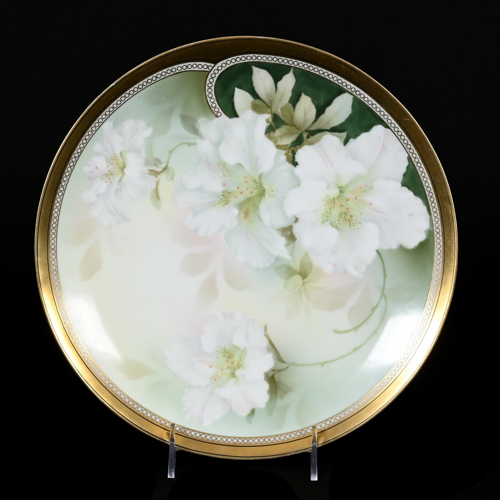 Plate Marked R.S. Germany: Plate Marked R.S. Germany, 11", Green Tones, White Floral Decor, Heavy Gold Trim, Lee & Carol Marple Collection.