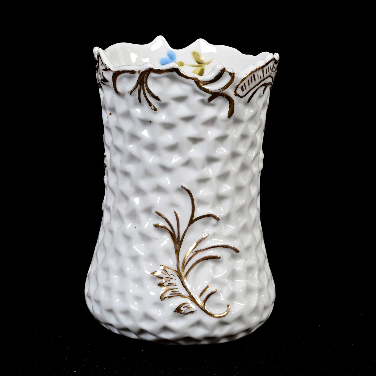 Spooner Marked Registered Made In Germany: Spooner Marked Registered Made In Germany, 4.5" x 3", White Dimple Mold, Gold Stencil Highlights, Lee & Carol Marple Collection.