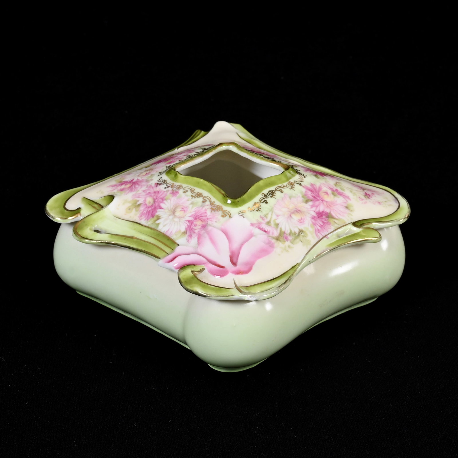 Square Hair Receiver Marked Royal Vienna: Square Hair Receiver Marked Royal Vienna, 2.25" x 4.5", Floral Mold, Cream And Green Tones, Floral Decor, Surface Rim Chip On Underside Of Lid, Lee & Carol Marple Collection.