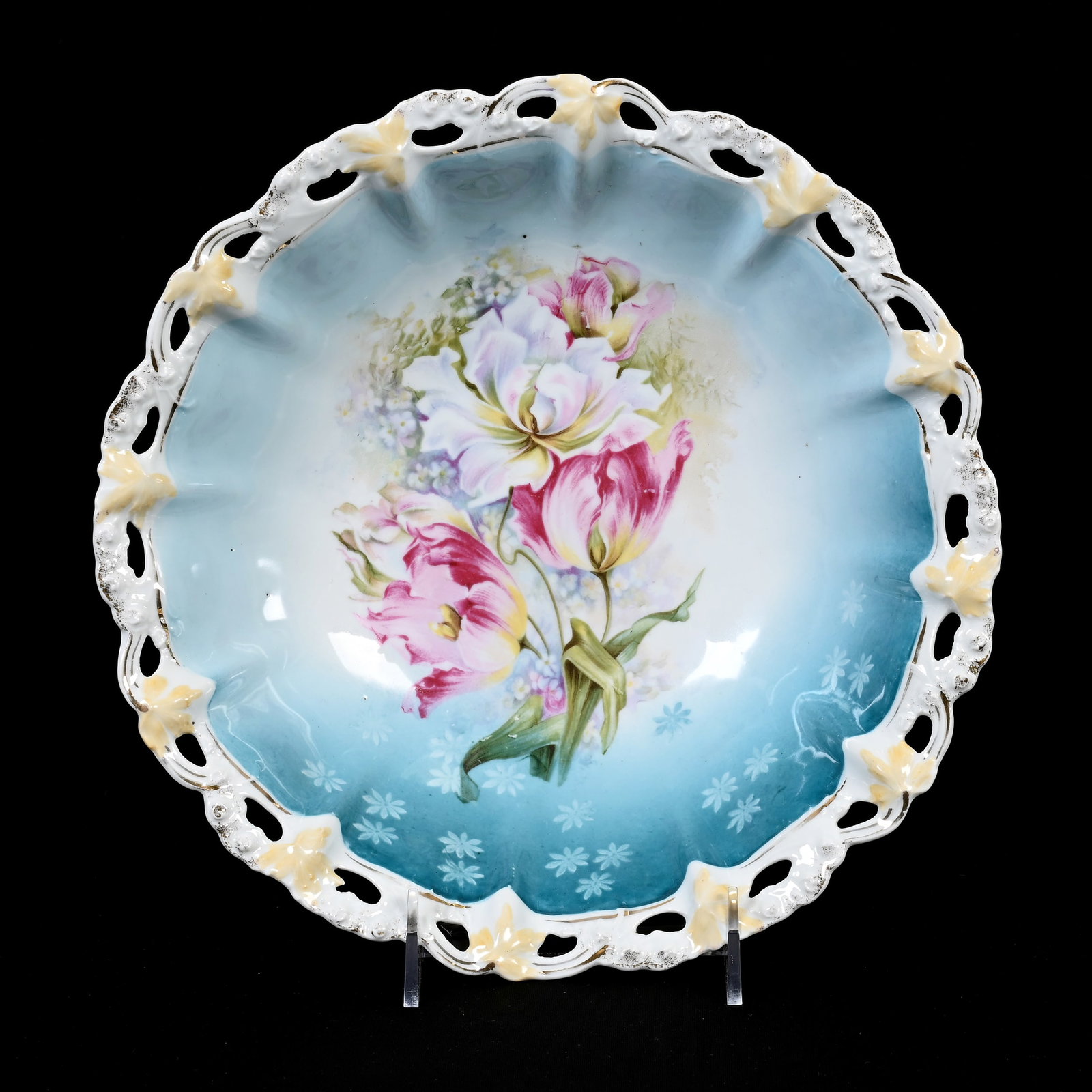 Bowl, R.S. Steeple Mark: Bowl, R.S. Steeple Mark, 10.5", Blue And White, Tulip Decor, Reticulated Edge, Lee & Carol Marple Collection.