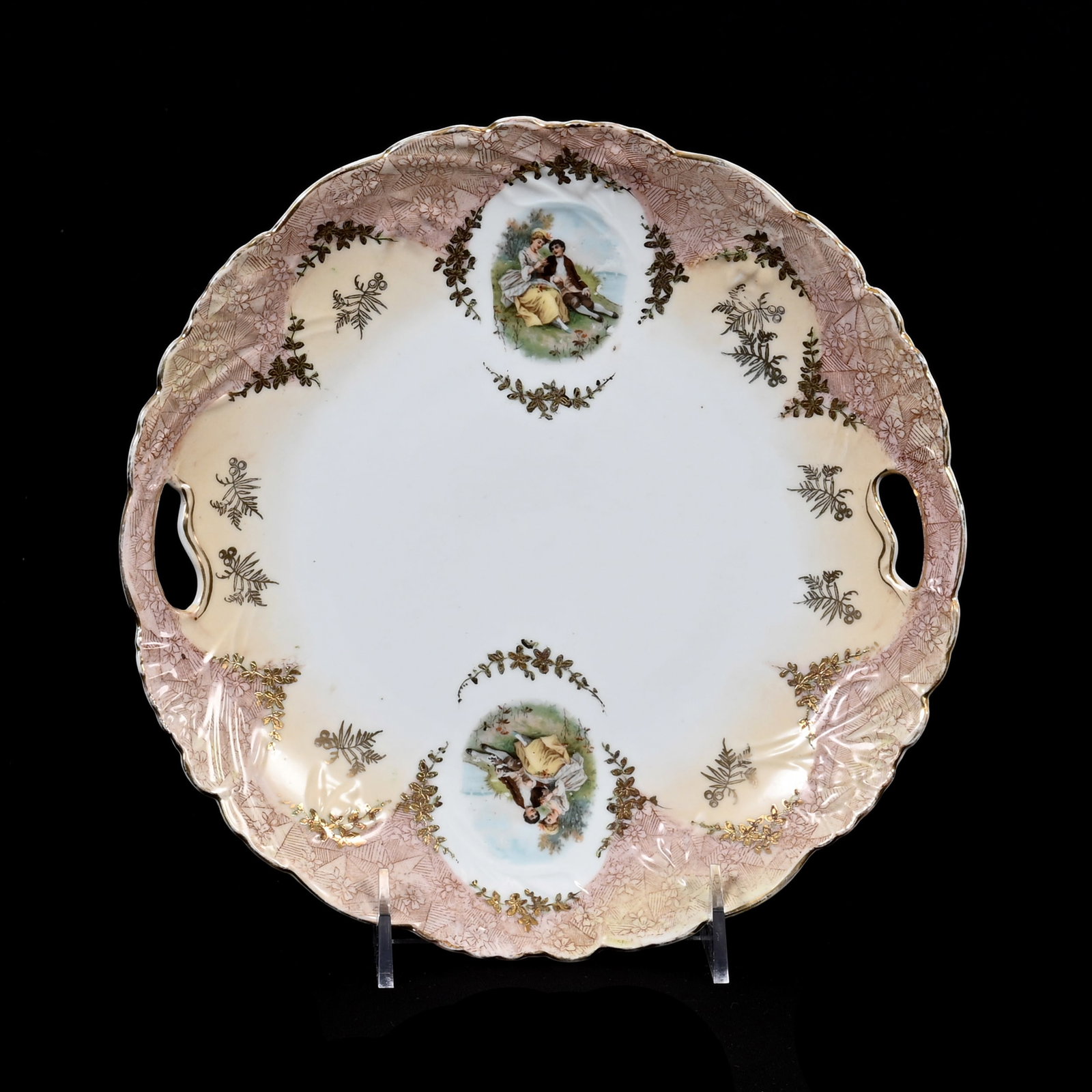Cake Plate, Unmarked R.S. Prussia: Cake Plate, Unmarked R.S. Prussia, 9.5", Cream, White And Pink Tones, Gold Stencil Highlights, Medallion Courting Scene Decor, Lee & Carol Marple Collection.