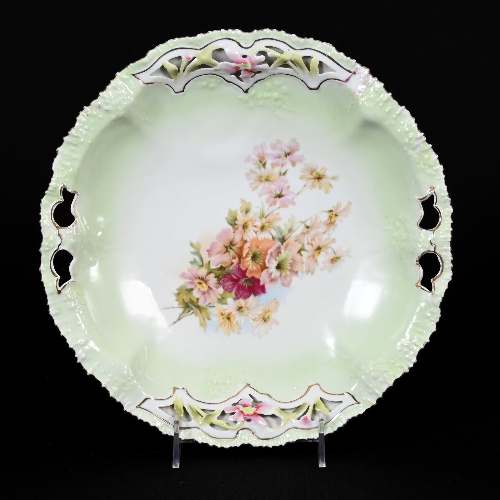 Cake Plate, Unmarked R.S. Prussia: Cake Plate, Unmarked R.S. Prussia, 10.5", Unique Mold With Enclosed Reticulated Edge, Green And White Tones, Wild Floral Decor, Lee & Carol Marple Collection.