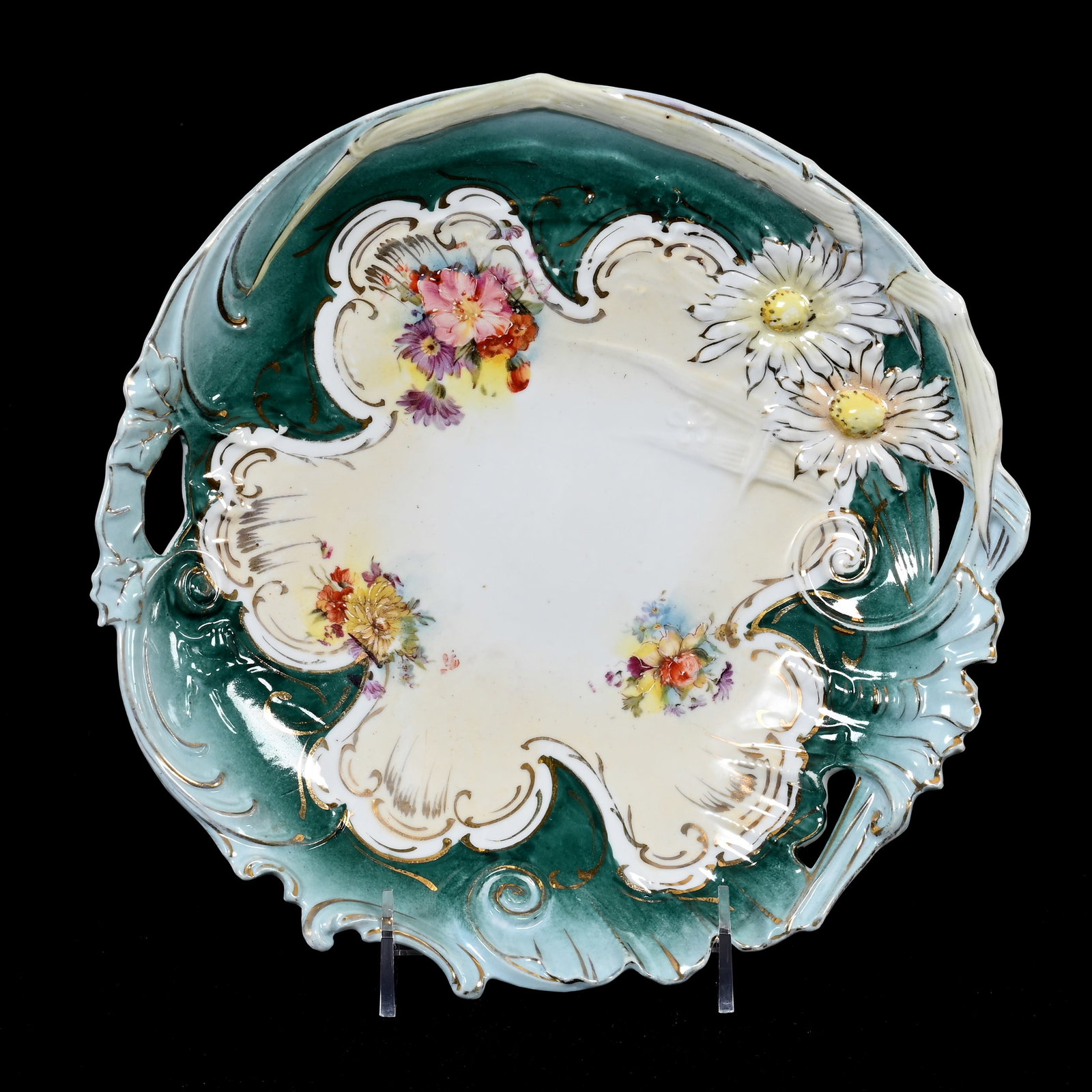 Cake Plate, Unmarked R.S. Prussia: Cake Plate, Unmarked R.S. Prussia, 10.25", White And Cream, Green And Blue Border, Colorful Floral Decor, Lee & Carol Marple Collection.