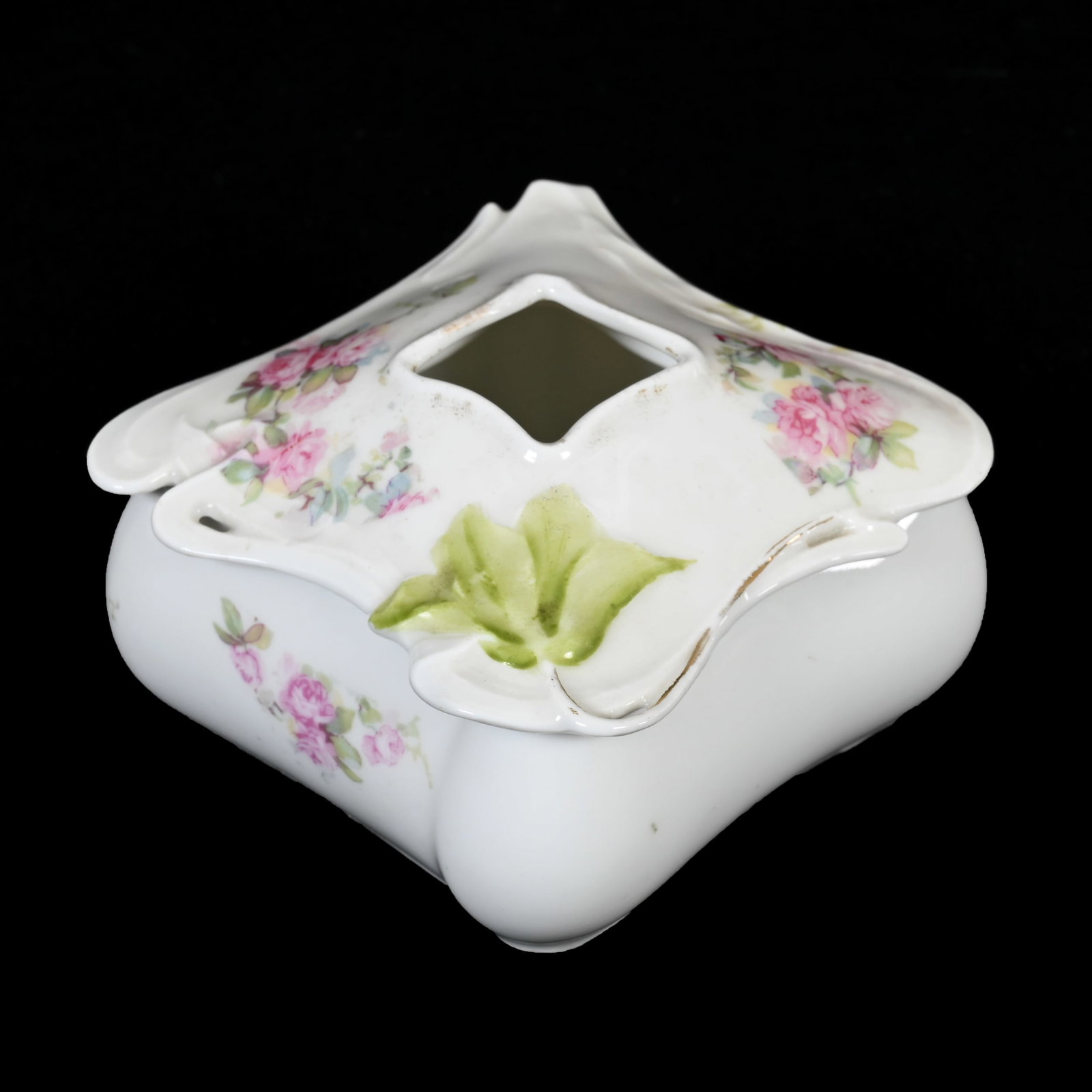 Hair Receiver Marked R.S. Prussia: Hair Receiver Marked R.S. Prussia, 2.25" x 3.25", White Luster With Pink Rose Decor, Lee & Carol Marple Collection.