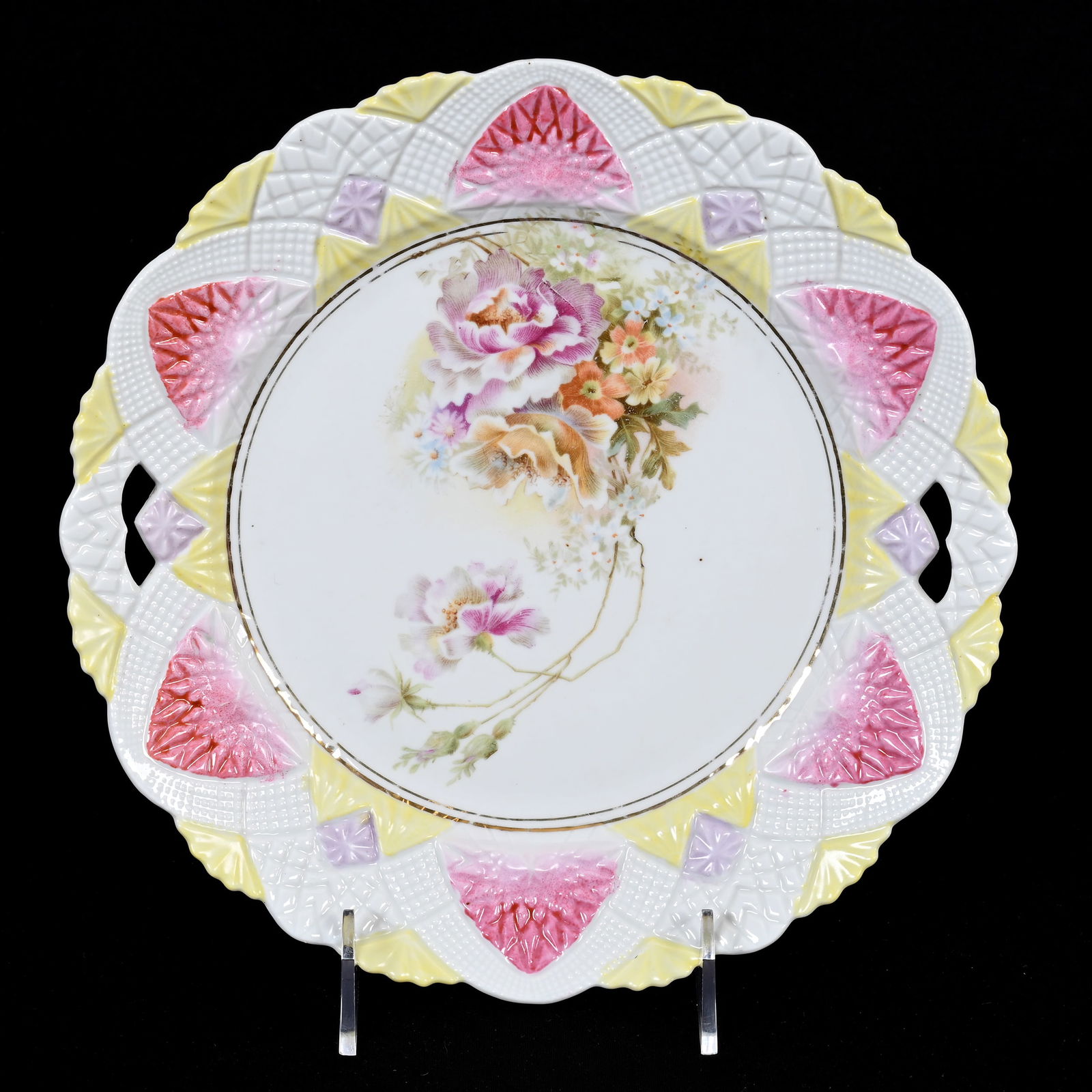 Cake Plate, Unmarked R.S. Prussia: Cake Plate, Unmarked R.S. Prussia, 9.75", Cut Glass Mold, White With Pink, Yellow And Lavender Border, Colorful Floral Decor, Lee & Carol Marple Collection.