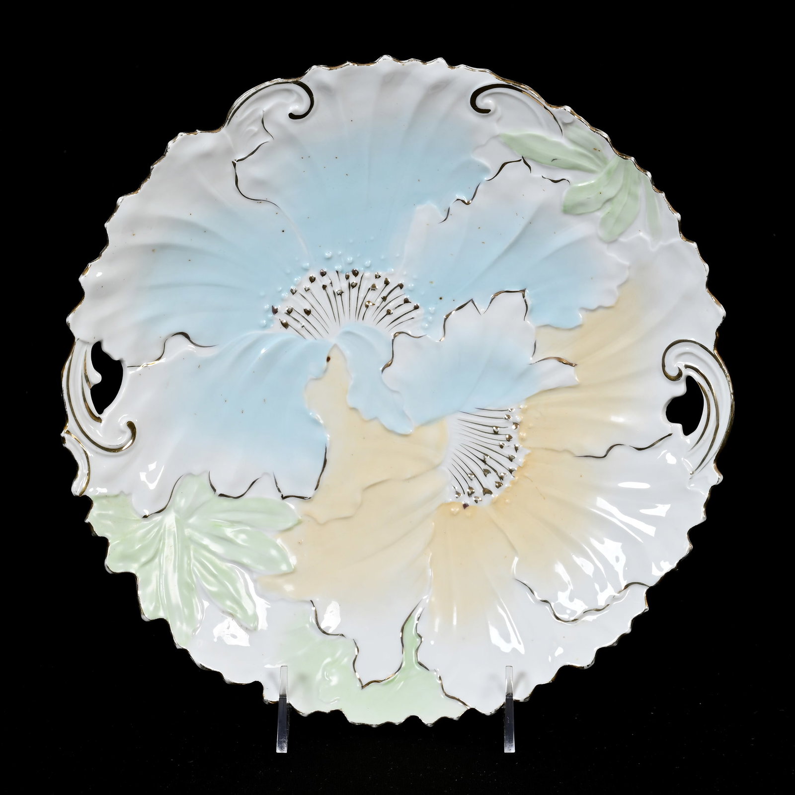 Cake Plate, Unmarked R.S. Prussia: Cake Plate, Unmarked R.S. Prussia, 11", Large Floral Mold, White, Blue, Cream And Green Tones, Gold Trim Highlights, Lee & Carol Marple Collection.