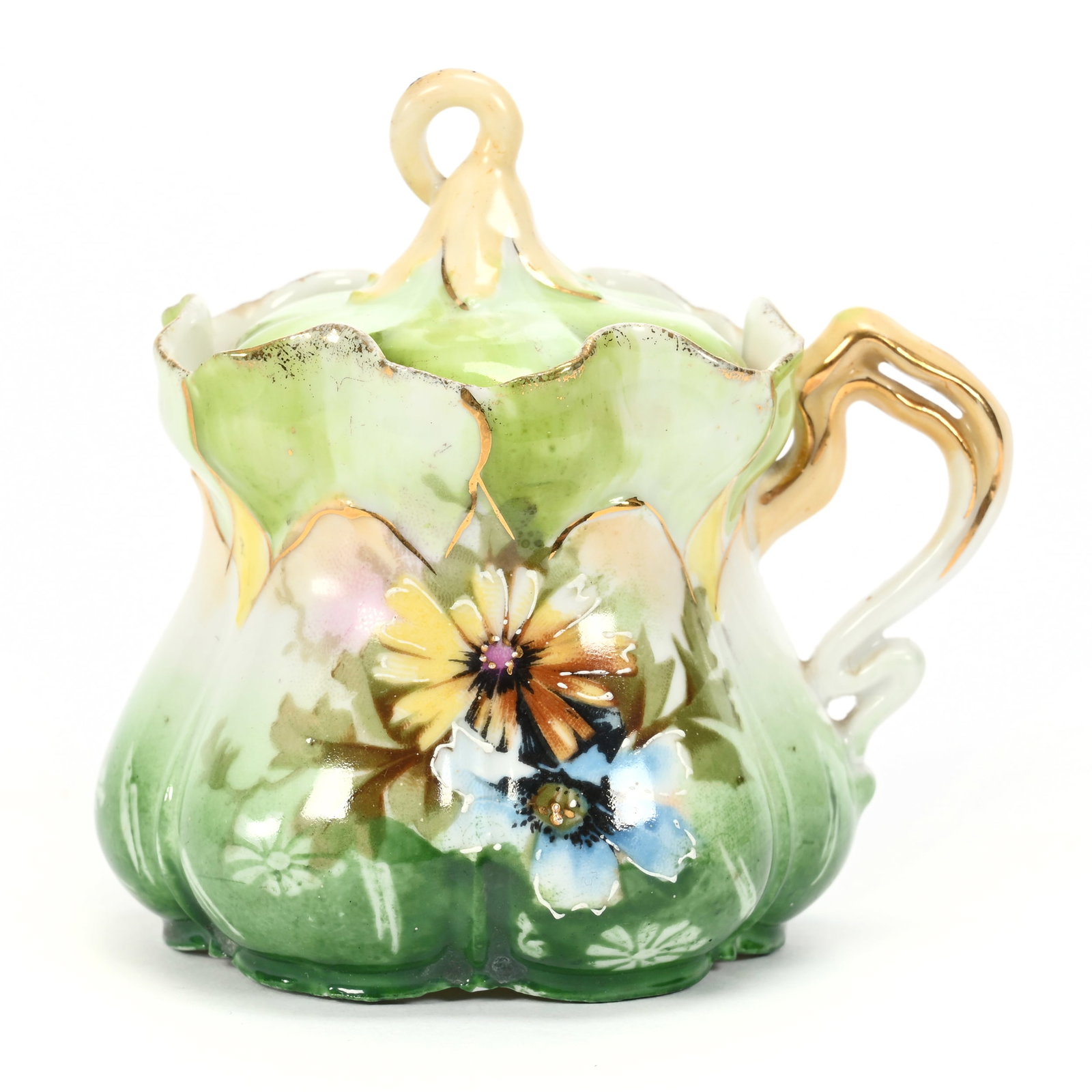 Mustard Jar, Unmarked R.S. Prussia: Mustard Jar, Unmarked R.S. Prussia, 3.25" x 3", Morning Glory Mold, Green, White And Cream Tones, Floral Decor, Professional Finial Repair, Lee & Carol Marple Collection.