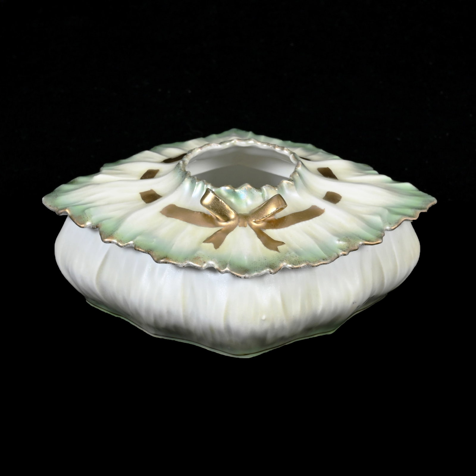 Hair Receiver, Unmarked R.S. Prussia: Hair Receiver, Unmarked R.S. Prussia, 2.5" x 5.75" x 4.5", Bowtie Mold, Green And White Satin Finish, Lee & Carol Marple Collection.