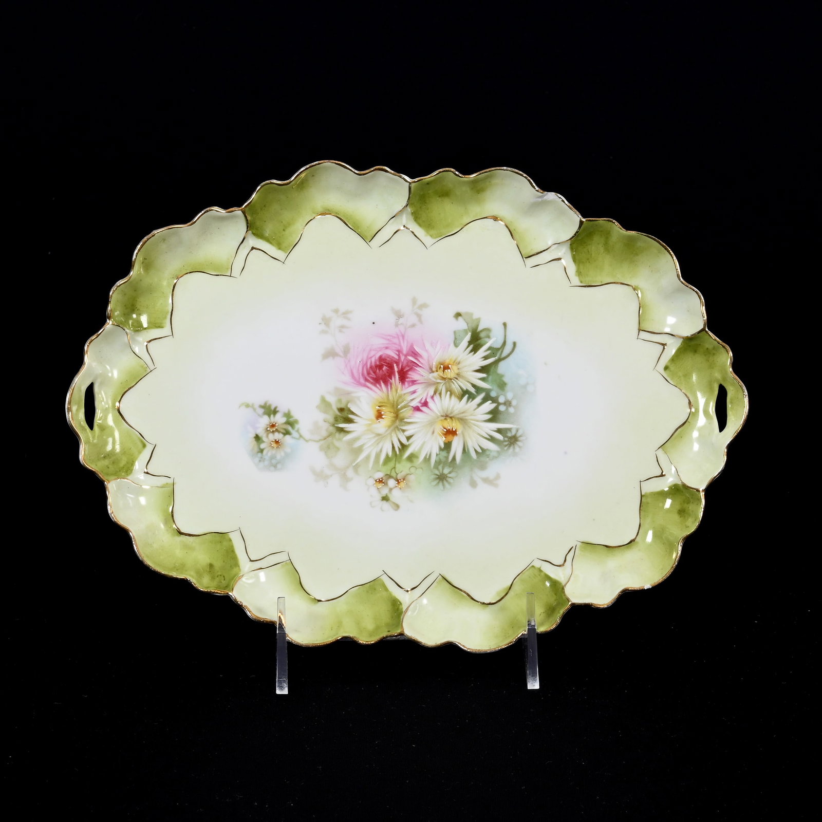 Dresser Tray, Unmarked R.S. Prussia: Dresser Tray, Unmarked R.S. Prussia, 10.25" x 7.25", Scalloped Mold, Green Tones, Floral Decor, Lee & Carol Marple Collection.