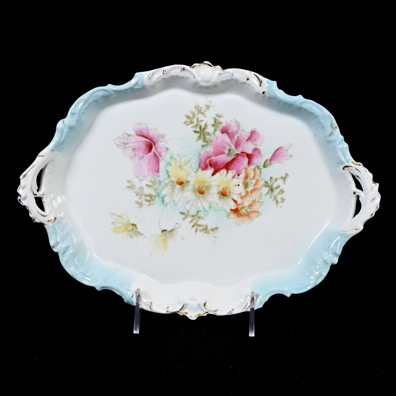 Dresser Tray, Unmarked R.S. Prussia: Dresser Tray, Unmarked R.S. Prussia, 11.5" x 8.25", Blue And White, Floral Decor, Lee & Carol Marple Collection.