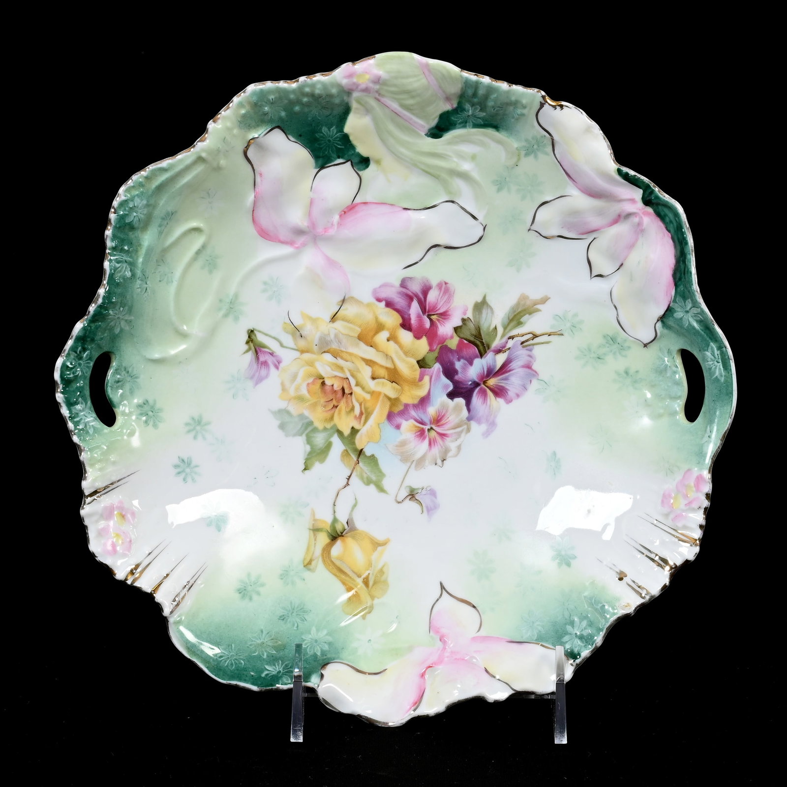 Cake Plate, Unmarked R.S. Prussia: Cake Plate, Unmarked R.S. Prussia, 9.5", Hidden Image Mold, Green And White Tones, Floral Decor, Factory Spot On Rim Without Glaze, Lee & Carol Marple Collection.