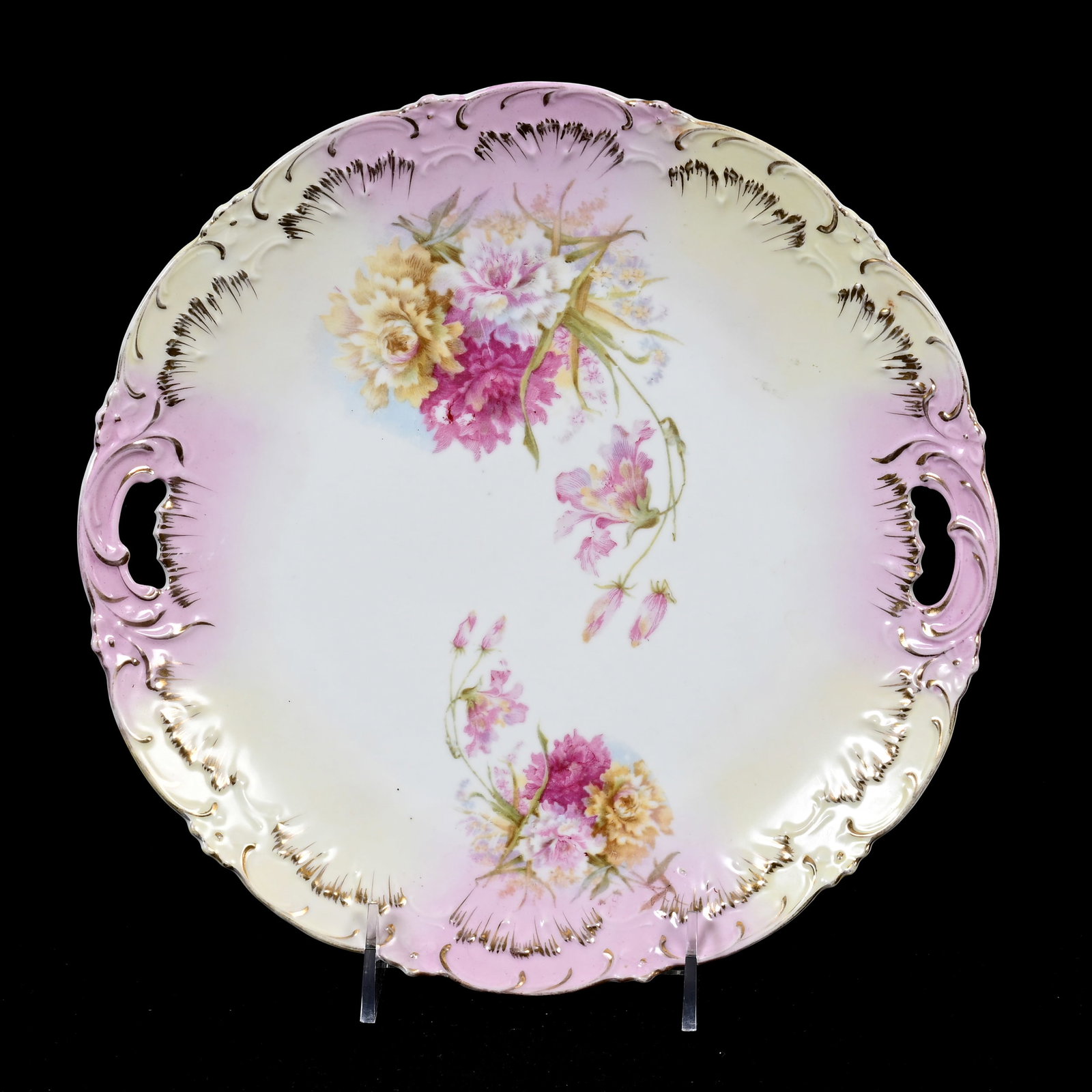 Cake Plate, Unmarked R.S. Prussia: Cake Plate, Unmarked R.S. Prussia, 10.5", Pink, Yellow And White Tones, Floral Decor, Gold Stencil Highlights, Lee & Carol Marple Collection.