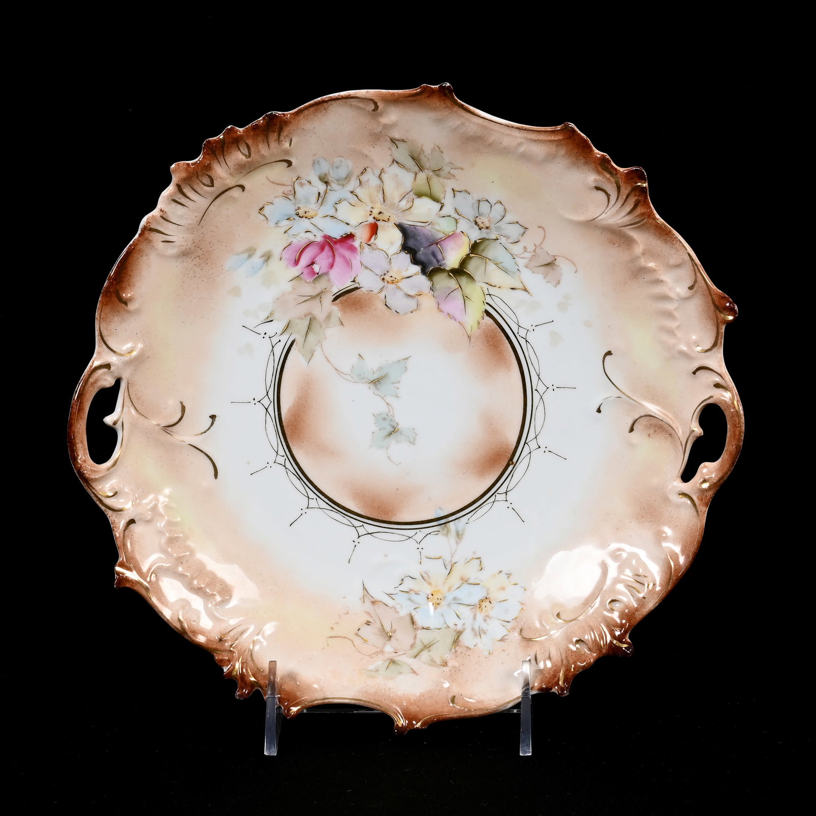 Cake Plate, Unmarked R.S. Prussia: Cake Plate, Unmarked R.S. Prussia, 9.75", Brown And White Tones, Floral Decor, Lee & Carol Marple Collection.
