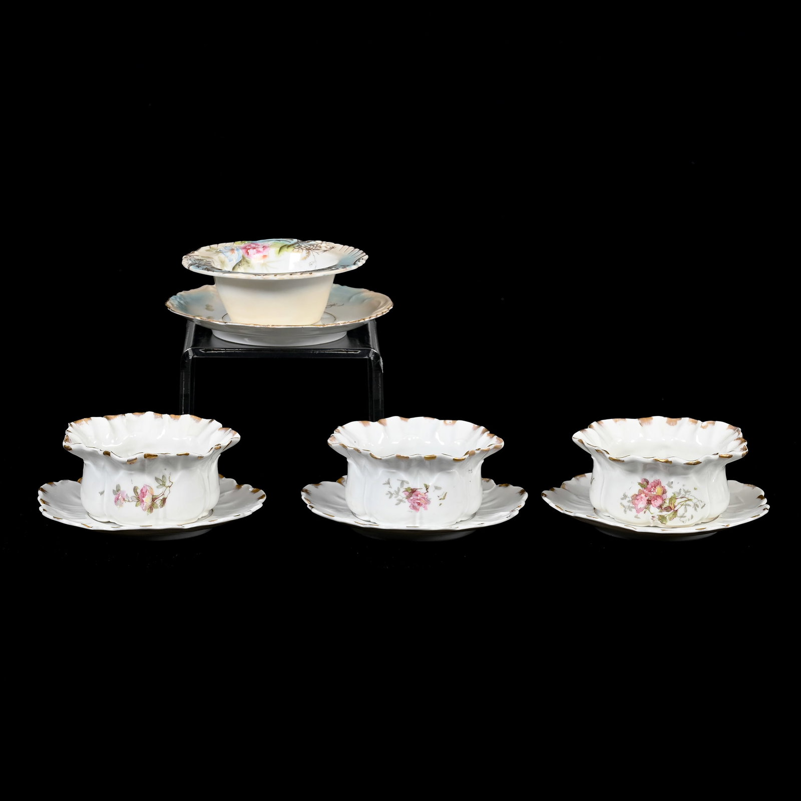 (4) Custard Cups/Underplates, Unmarked R.S. Prussia: (4) Custard Cups/Underplates, Unmarked R.S. Prussia, 1.75" x 4.5" approximately, (3) White With Pink Floral Decor, (1) Cream And Blue, Gold Stencil Highlights, Lee & Carol Marple Collection.