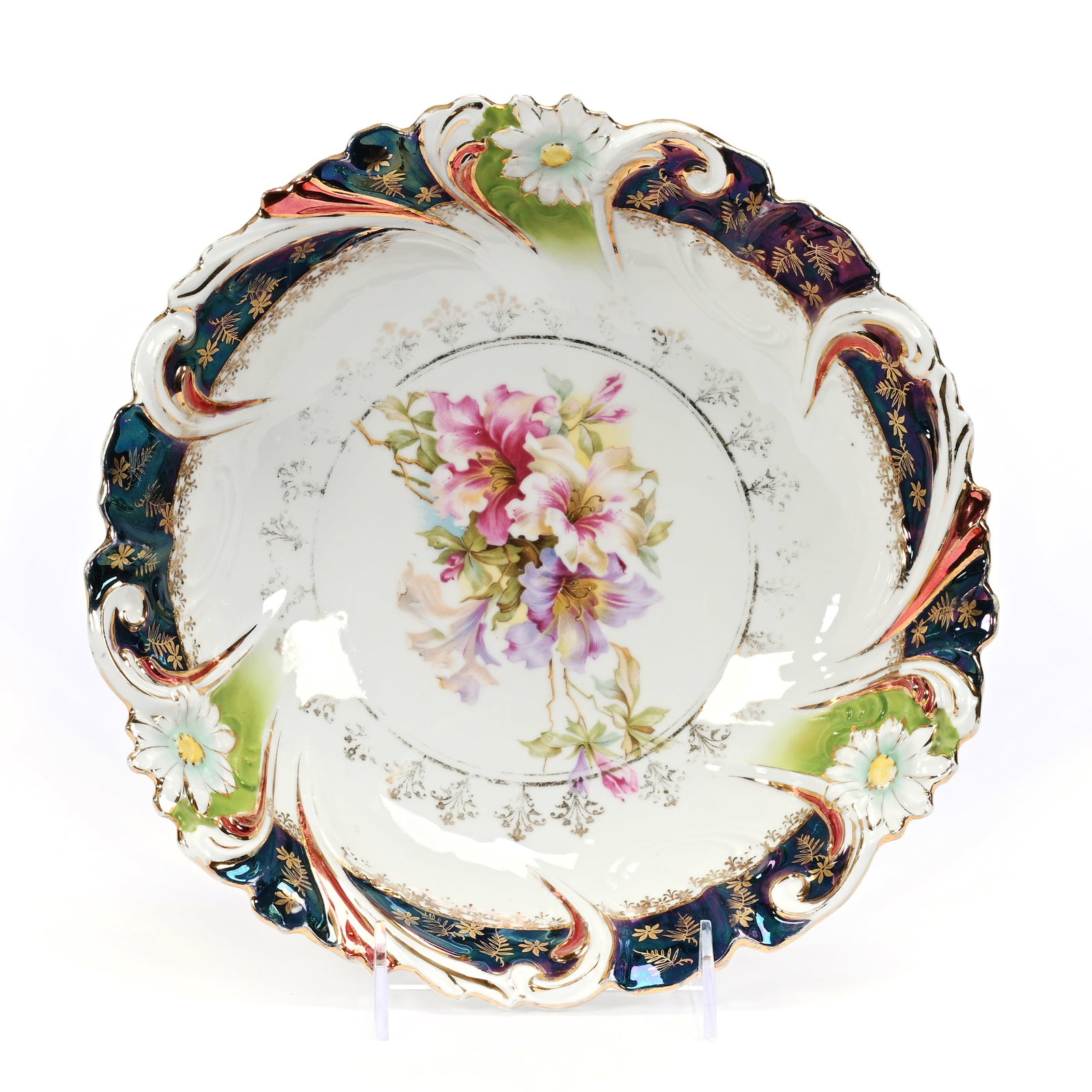 Bowl, Unmarked R.S. Prussia: Bowl, Unmarked R.S. Prussia, 10.5", White With Tiffany And Bronze Iridescent Border, Floral Decor, Lee & Carol Marple Collection.